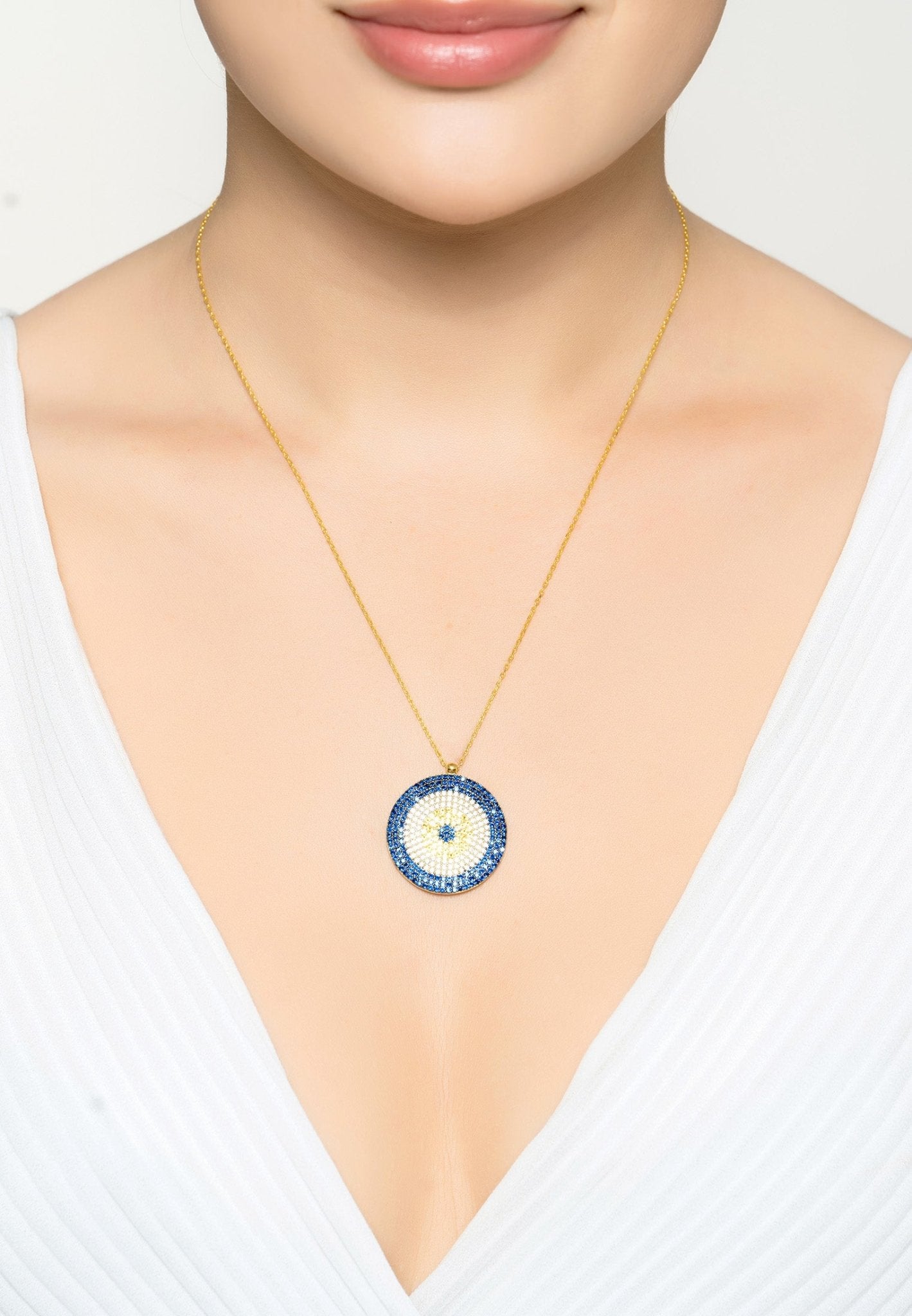 Evil Eye Pendant Necklace Large Blue Gold