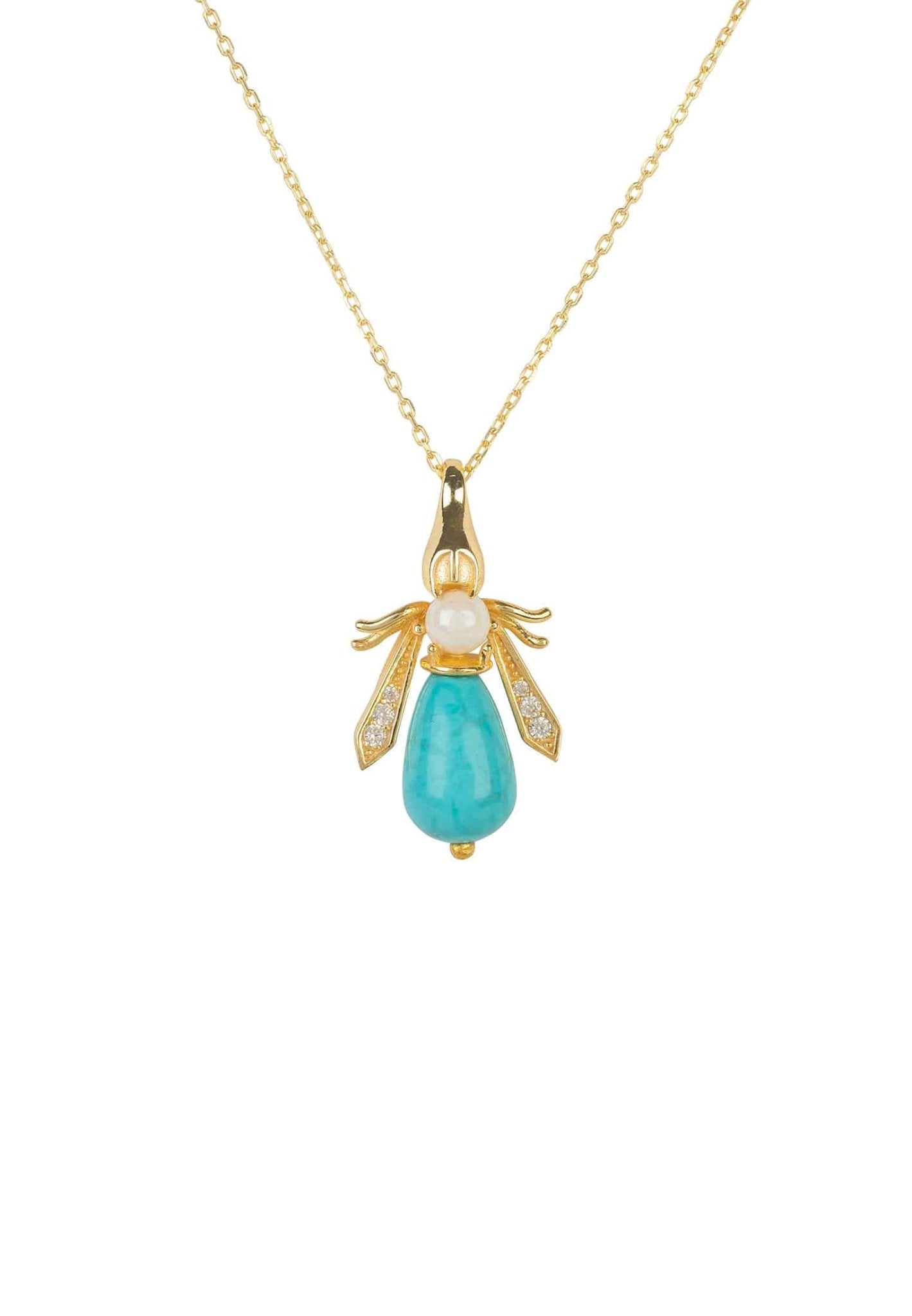 Turquoise & Pearl Gemstone Bee Pendant Necklace Gold