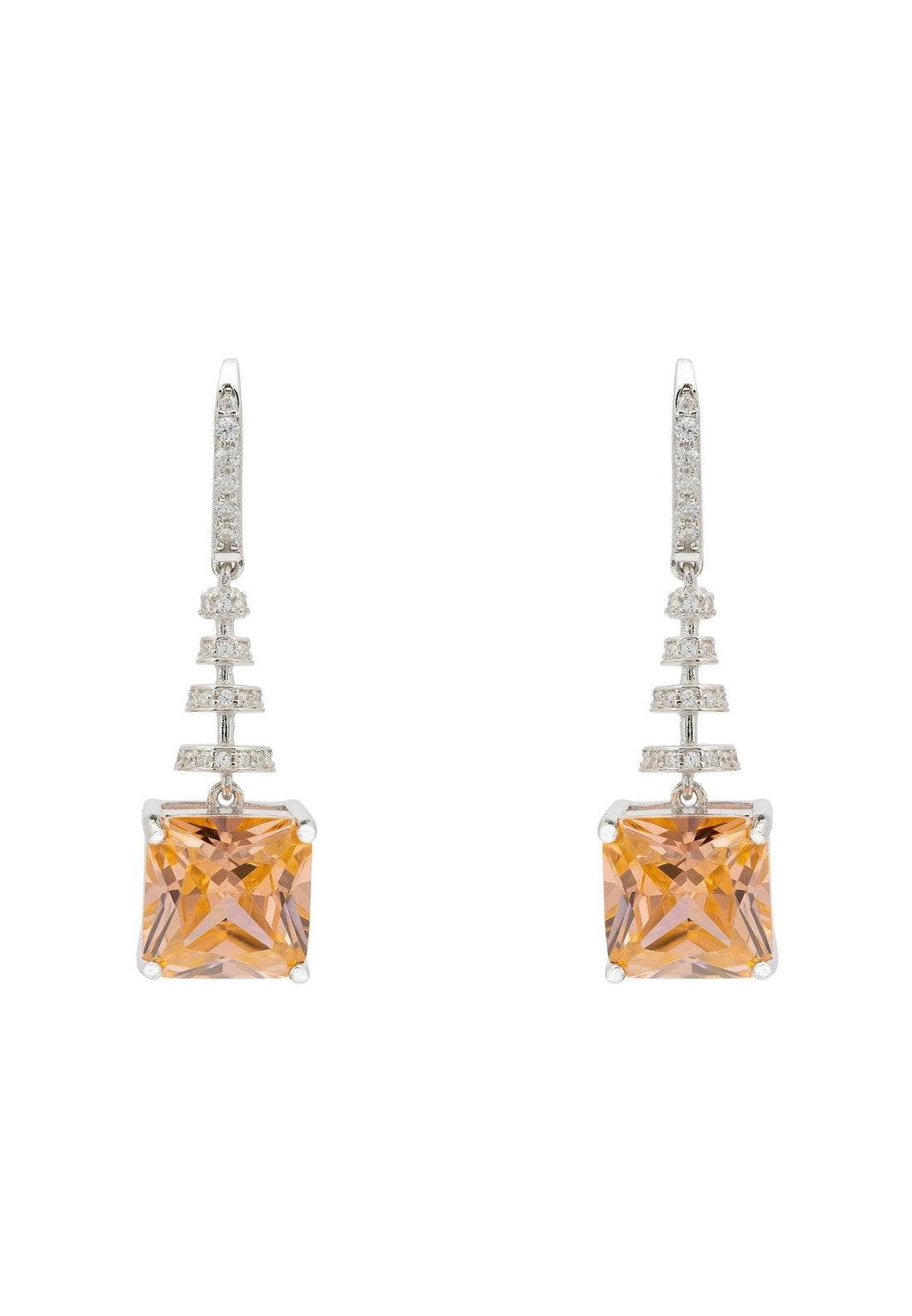 Spiral Square Crystal Drop Earrings Peach Silver