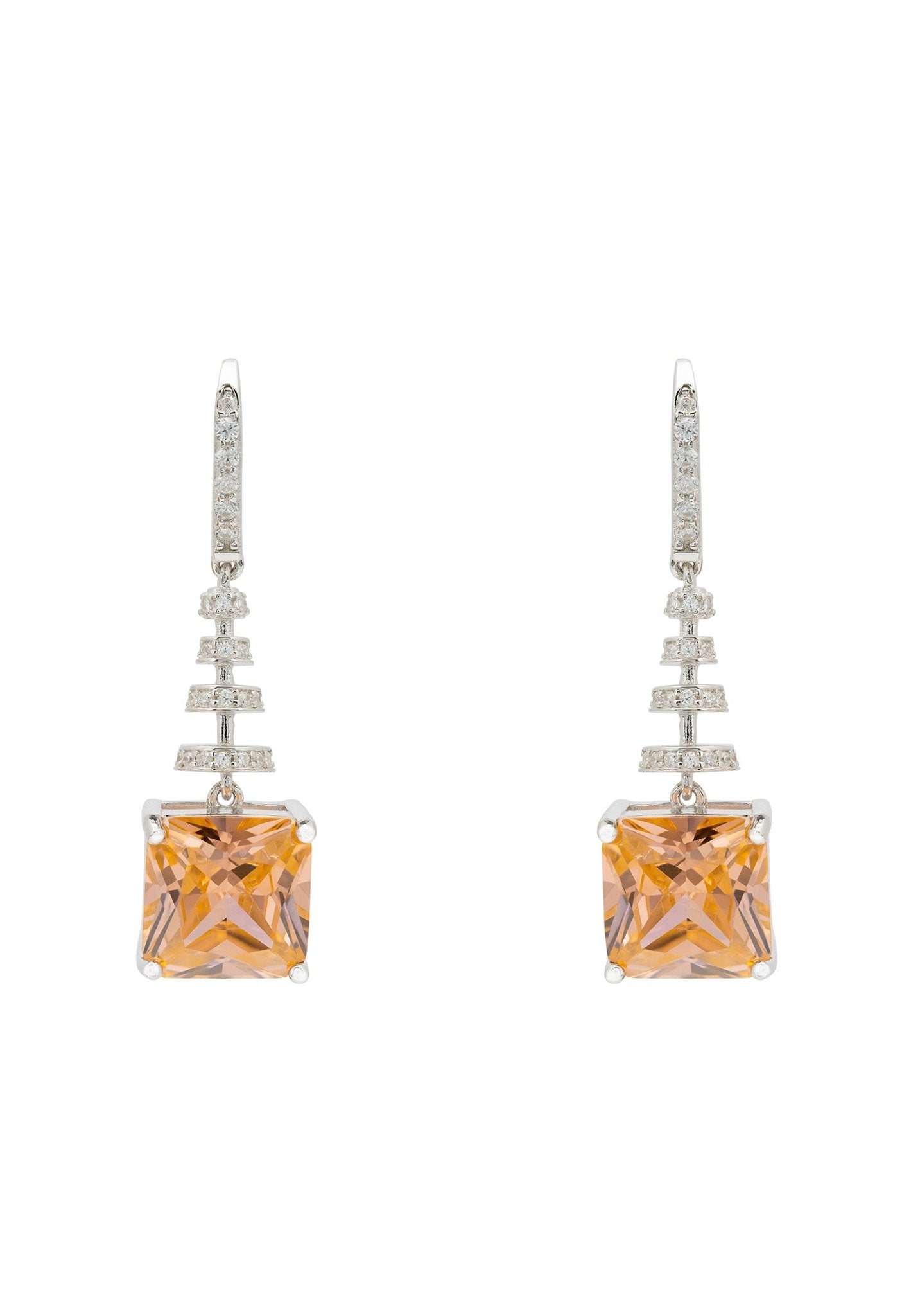 Spiral Square Crystal Drop Earrings Peach Silver