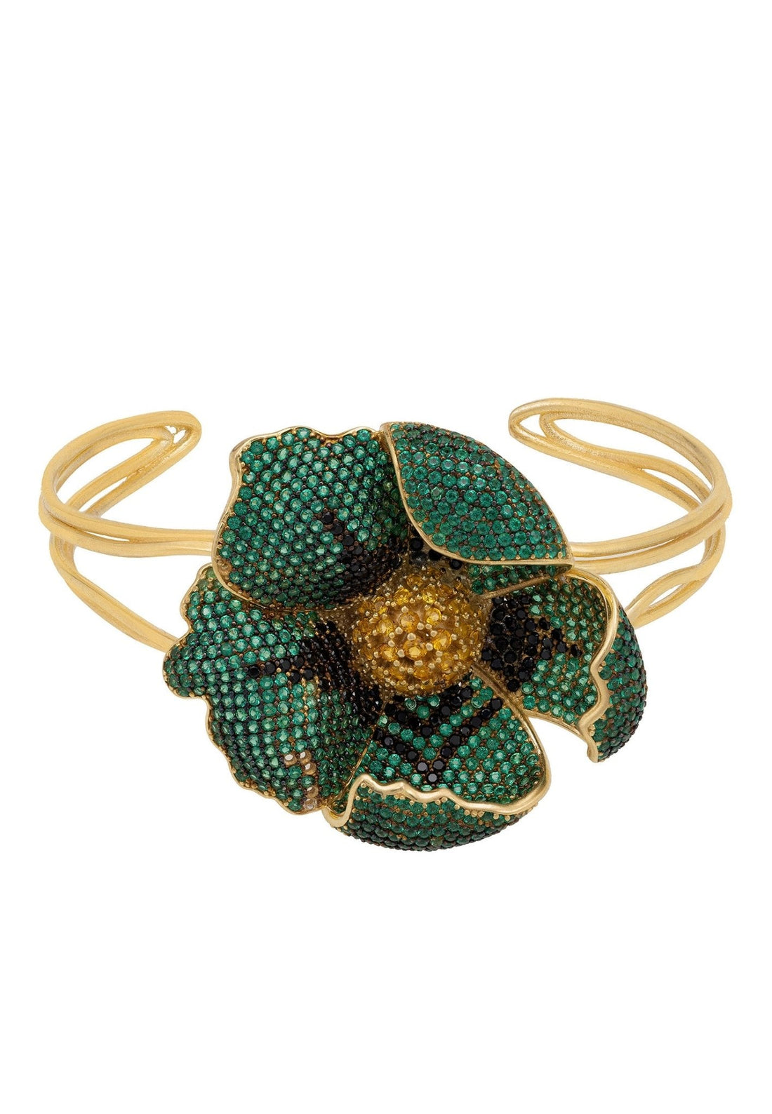 Poppy Bangle Cuff Bracelet Gold Emerald Green Cz