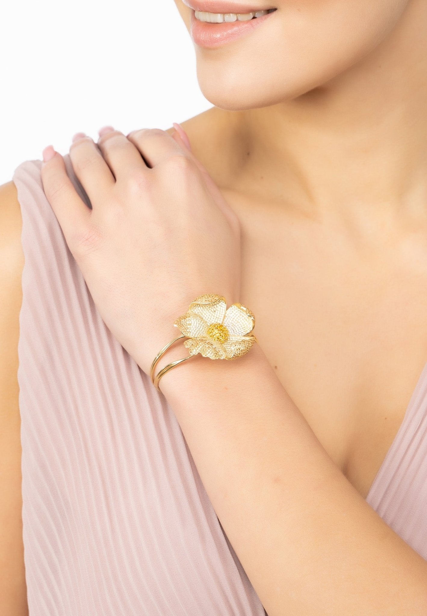 Poppy Bangle Cuff Bracelet Gold Lemon Cz