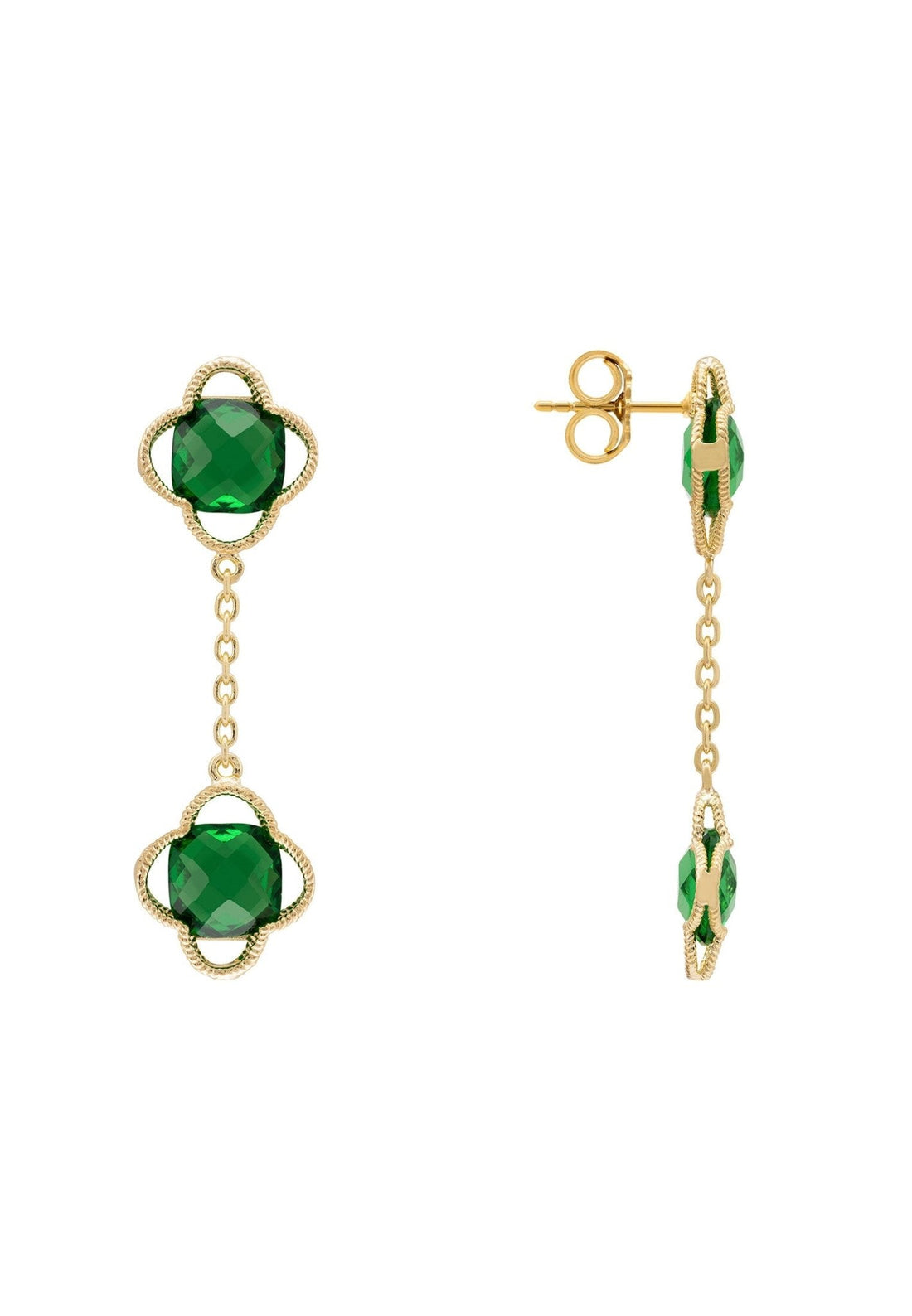 Open Clover Double Drop Earrings Gold Emerald