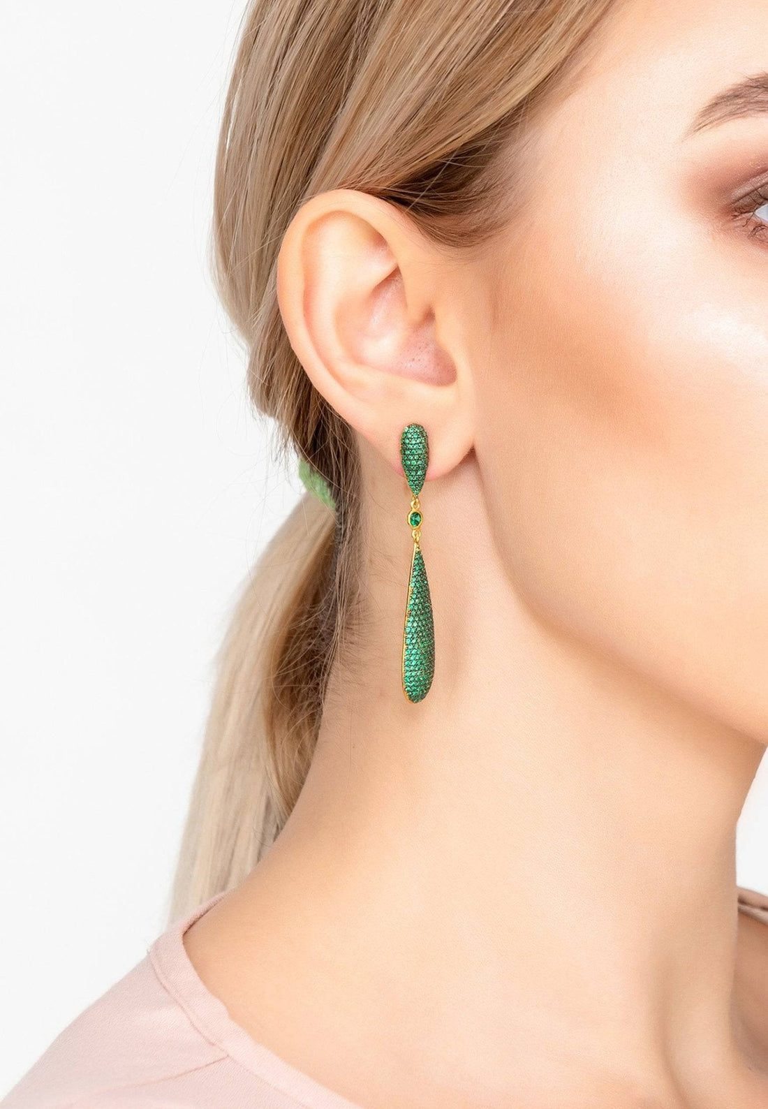 Latelita Long Drop Earrings Emerald Green Cz