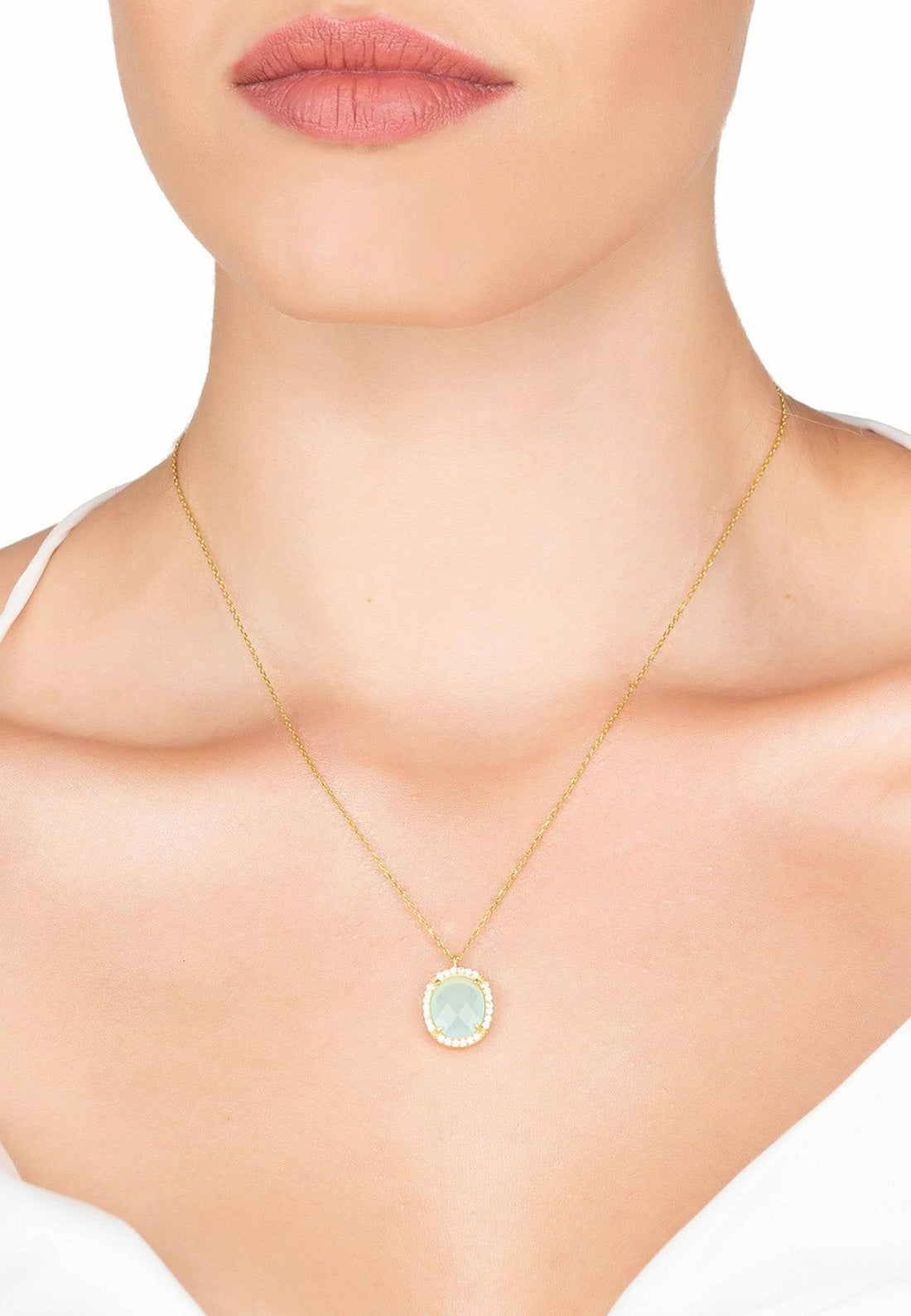 Beatrice Oval Gemstone Pendant Necklace Gold Aqua Chalcedony