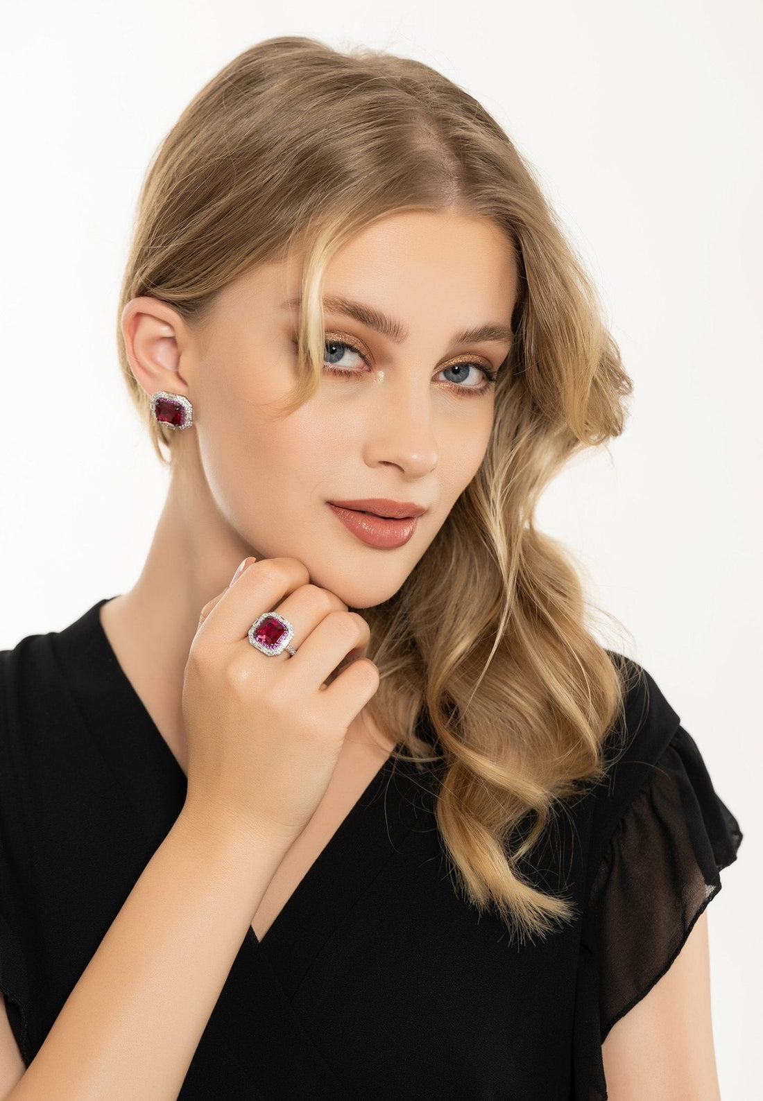 Madeleine Large Stud Earrings Silver Ruby