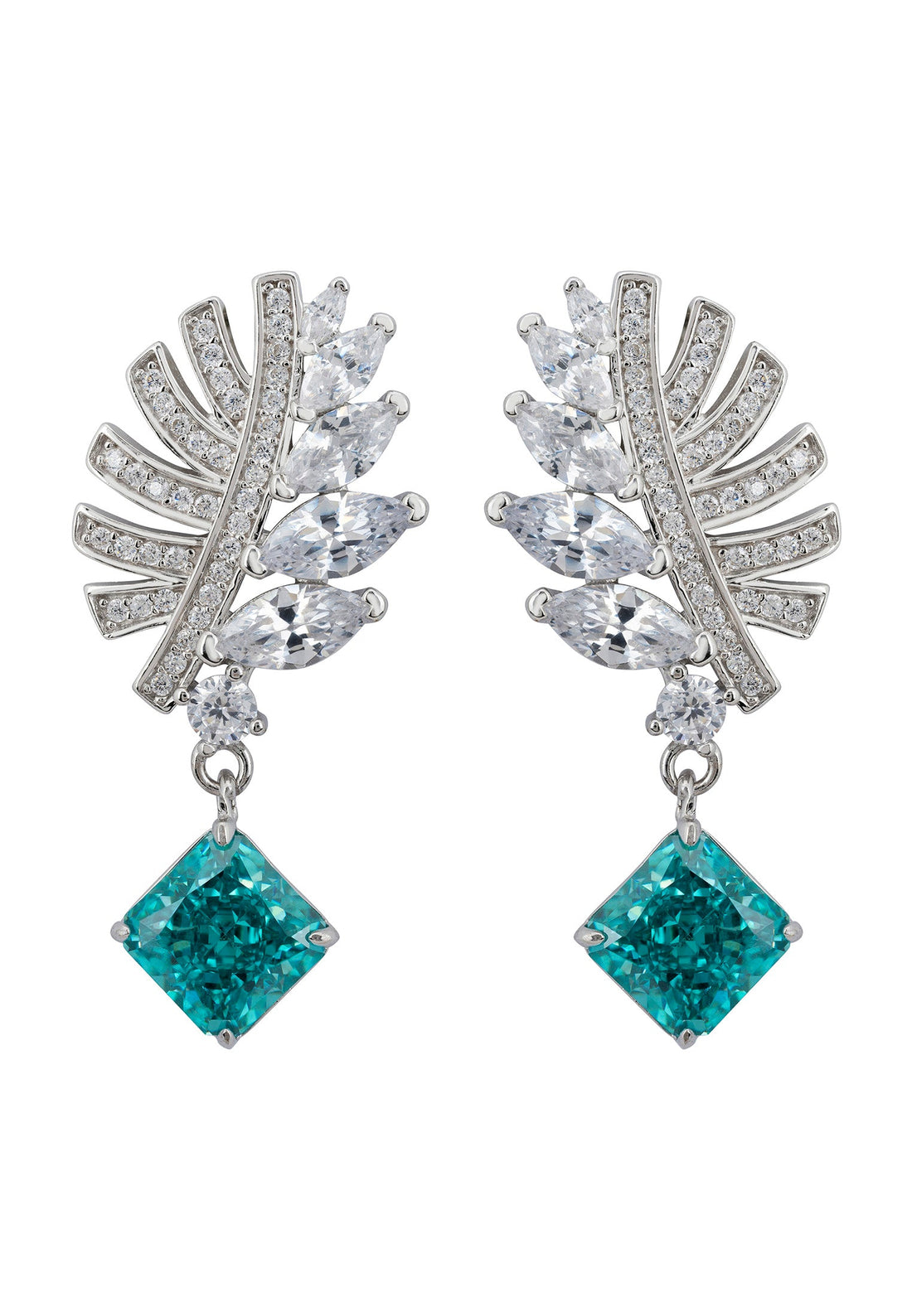 Palm Leaf Aquamarine Drop Earrings Silver