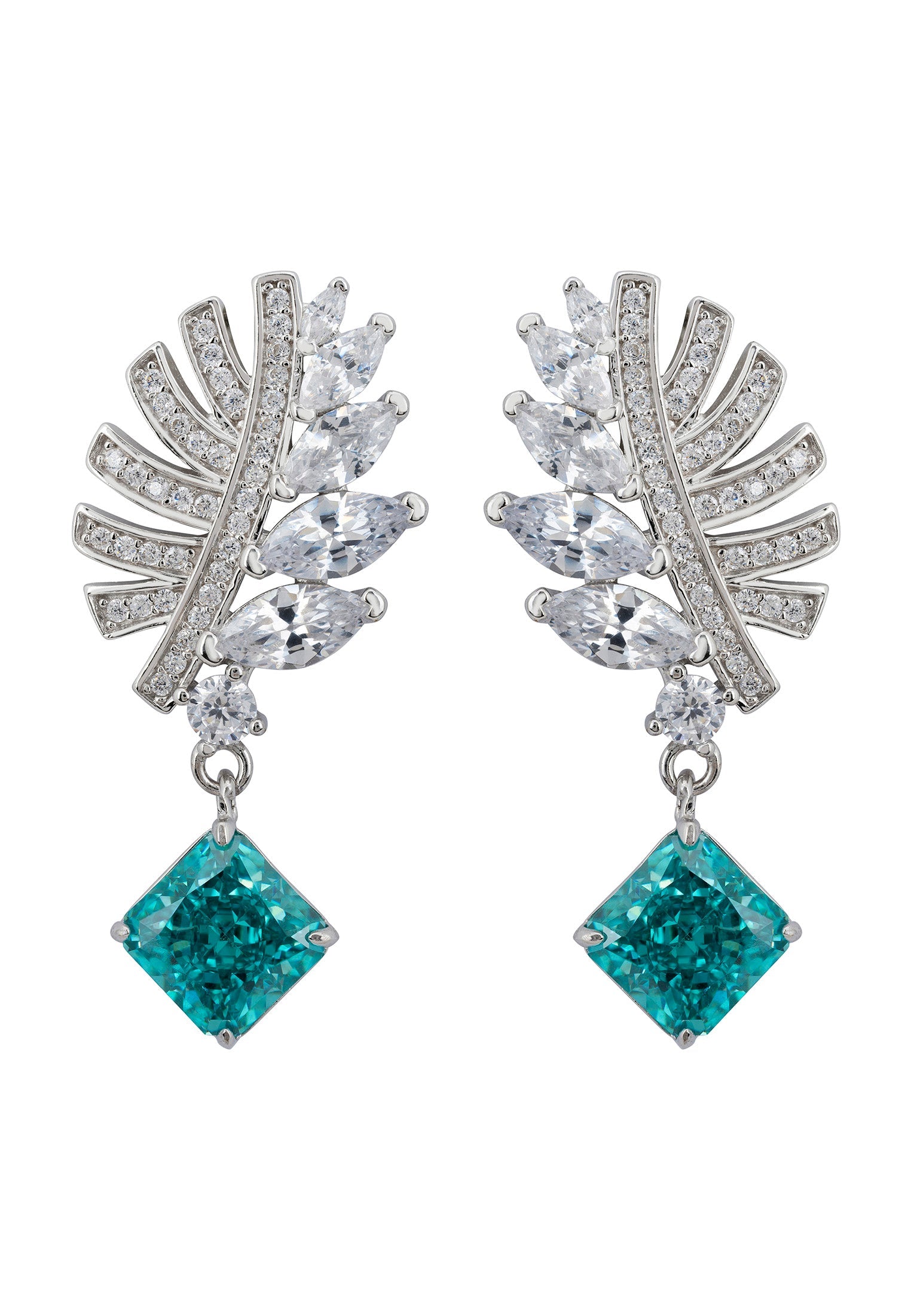 Palm Leaf Aquamarine Drop Earrings Silver