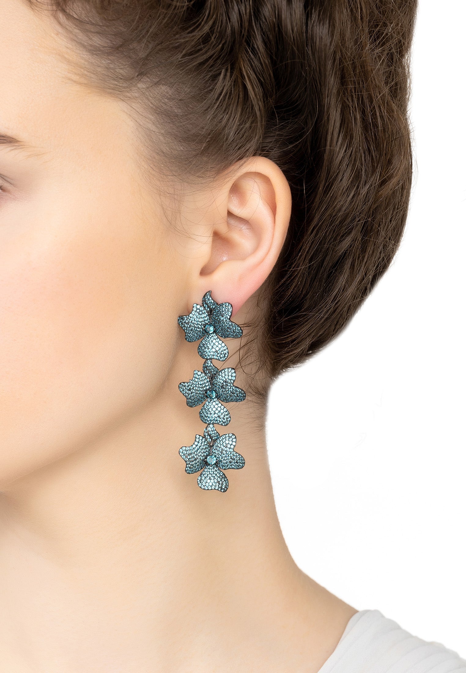 Jasmine Flower Triple Drop Earrings Aqua