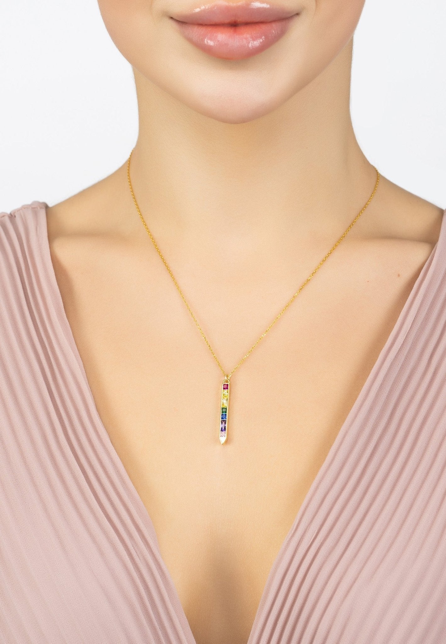 Obelisk Rainbow Baguette Pendant Necklace Gold