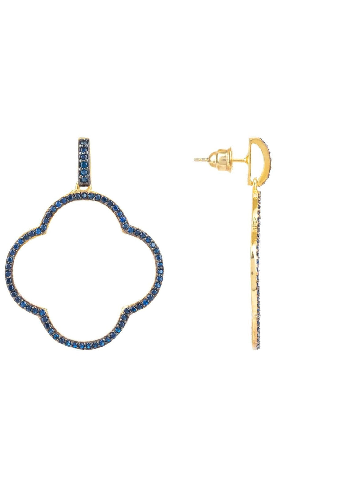 Open Clover Large Drop Earrings Gold Sapphire Blue Cz