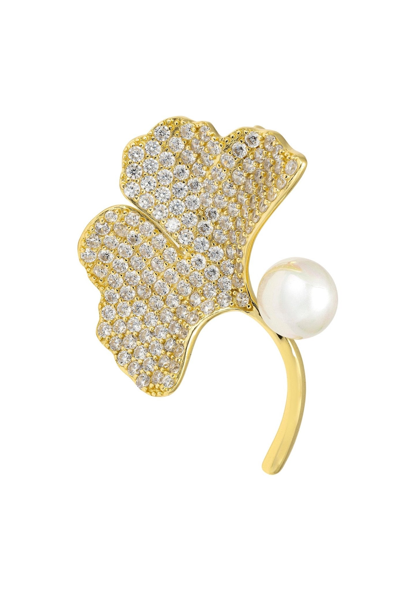 Ginkgo Leaf and Pearl Brooch Gold