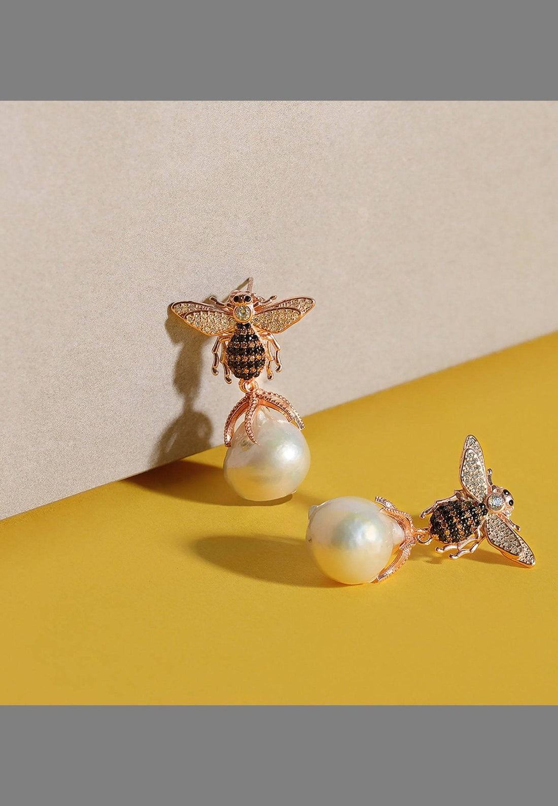 Baroque Pearl Honey Bee Drop Earrings Gold