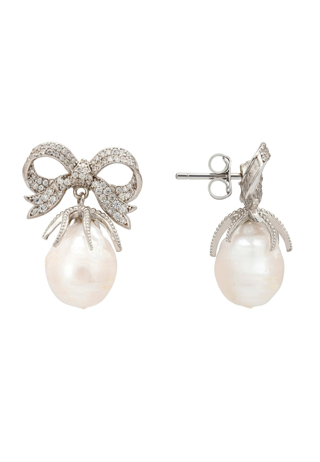 Baroque Pearl Ribbon and Bows Drop Earrings Silver