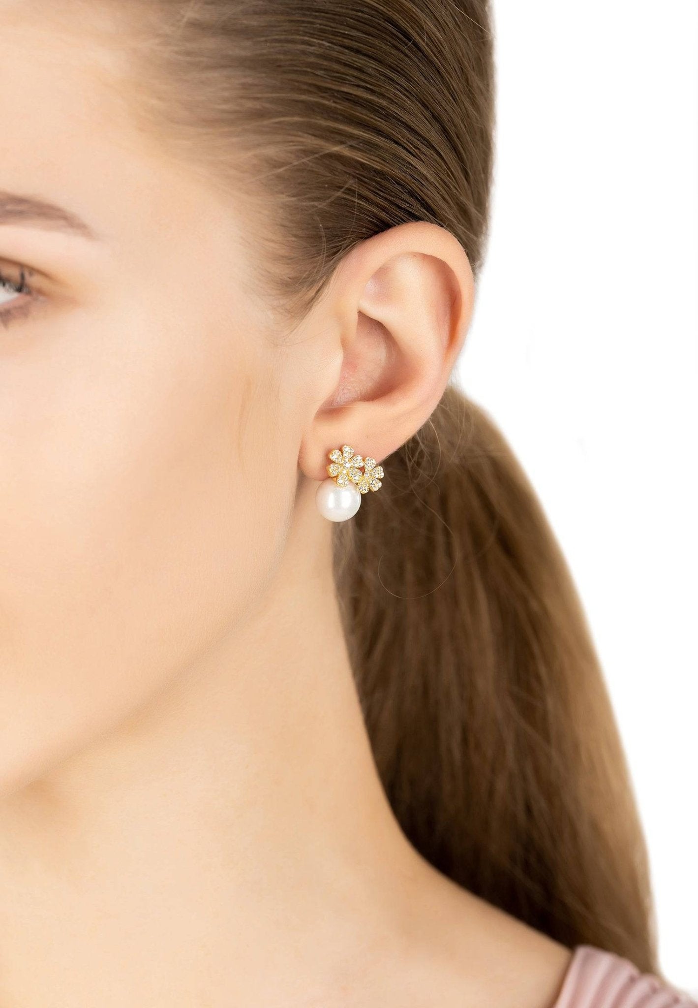 Bouquet and Pearl Stud Earrings Gold