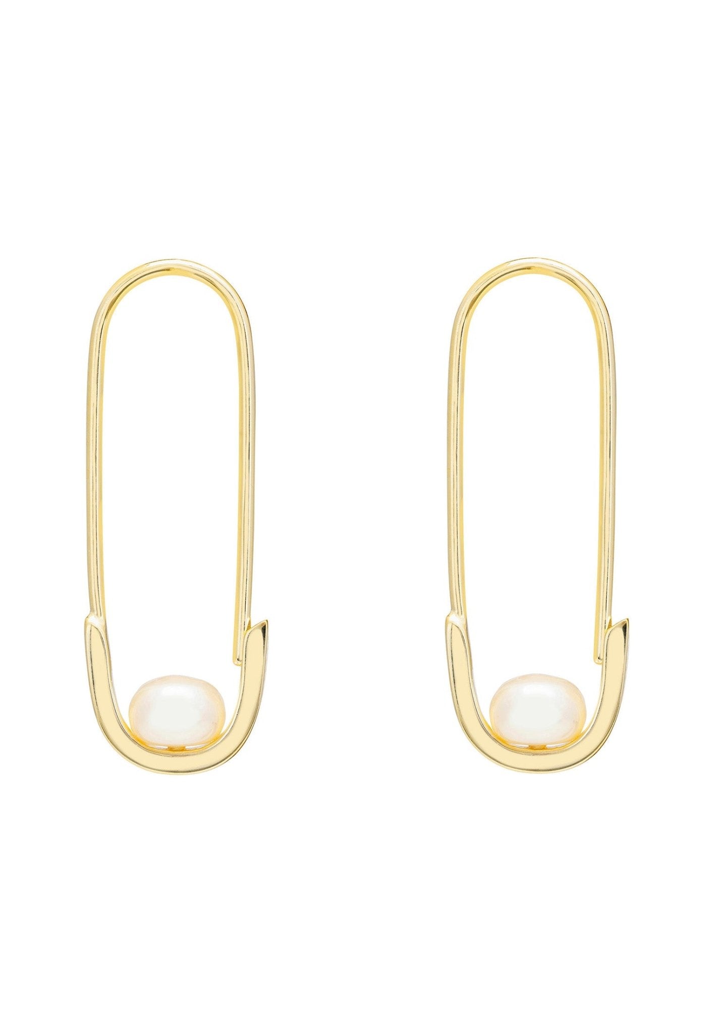 Safety Pin Pearl Earrings Gold