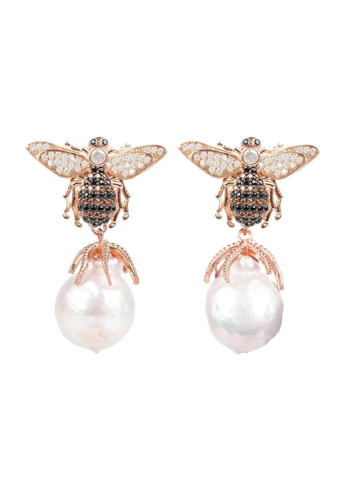 Baroque Pearl Honey Bee Drop Earrings Rosegold