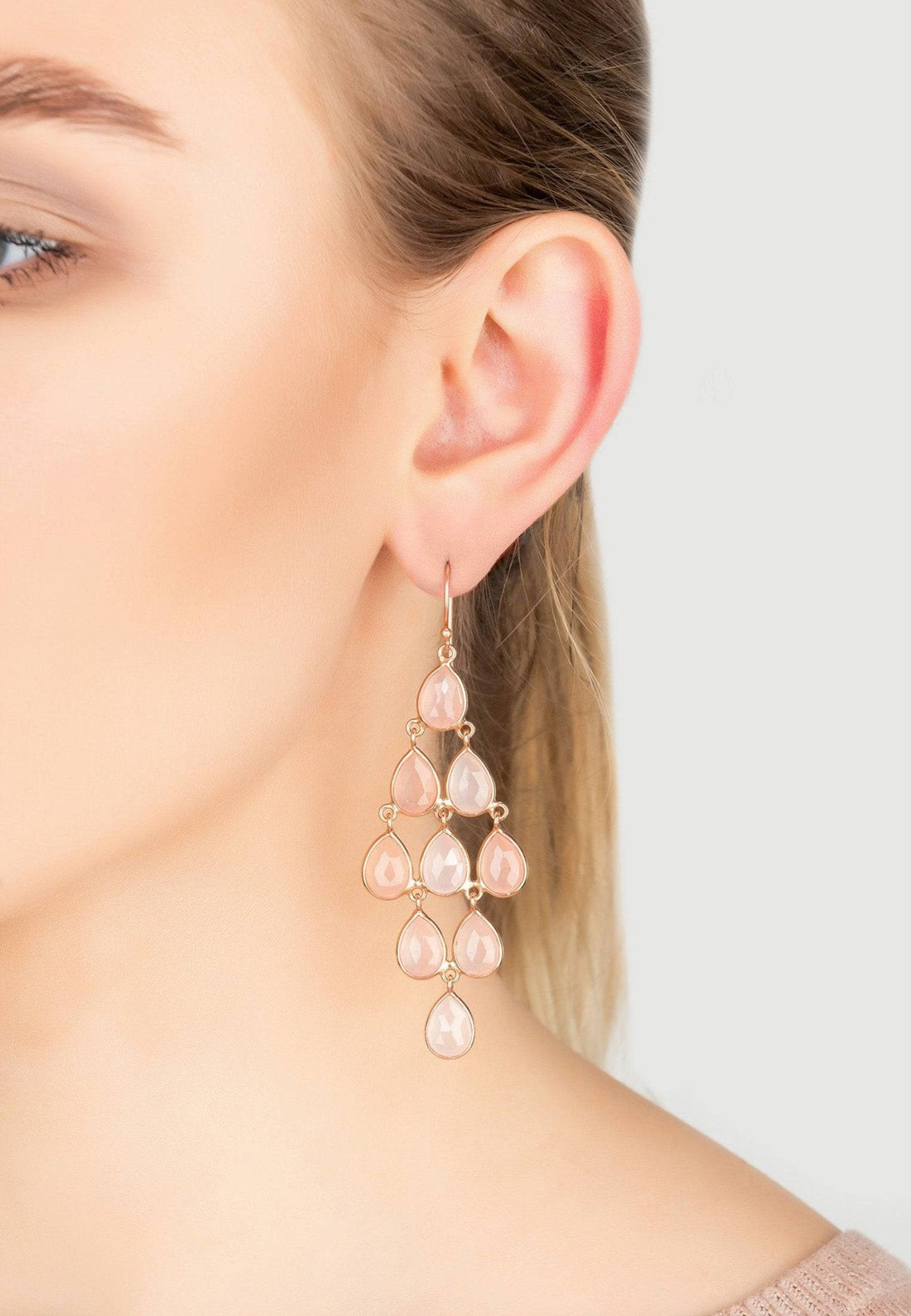 Erviola Gemstone Cascade Earrings Rose Gold Rose Quartz