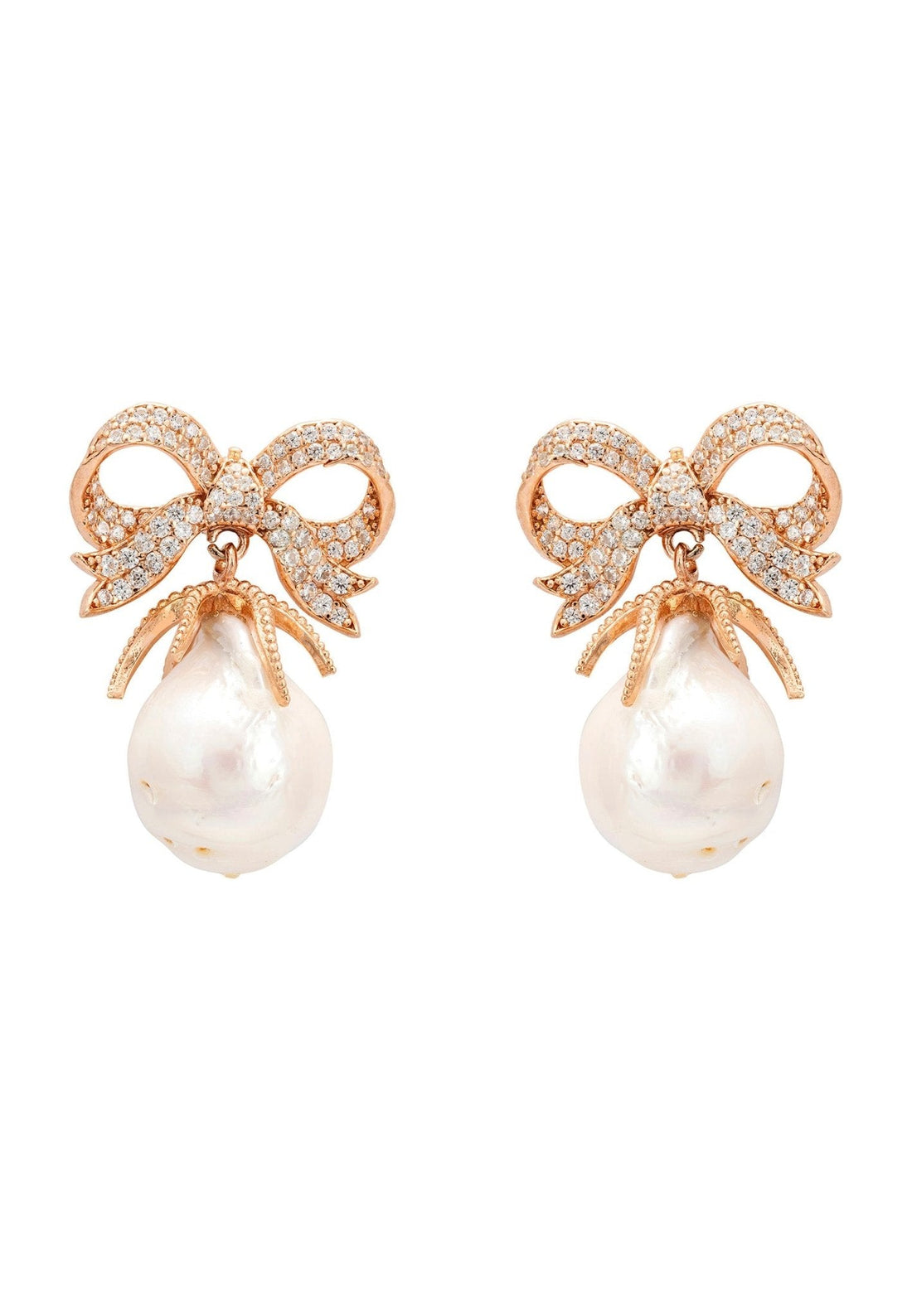 Baroque Pearl Ribbon and Bows Drop Earrings Rosegold