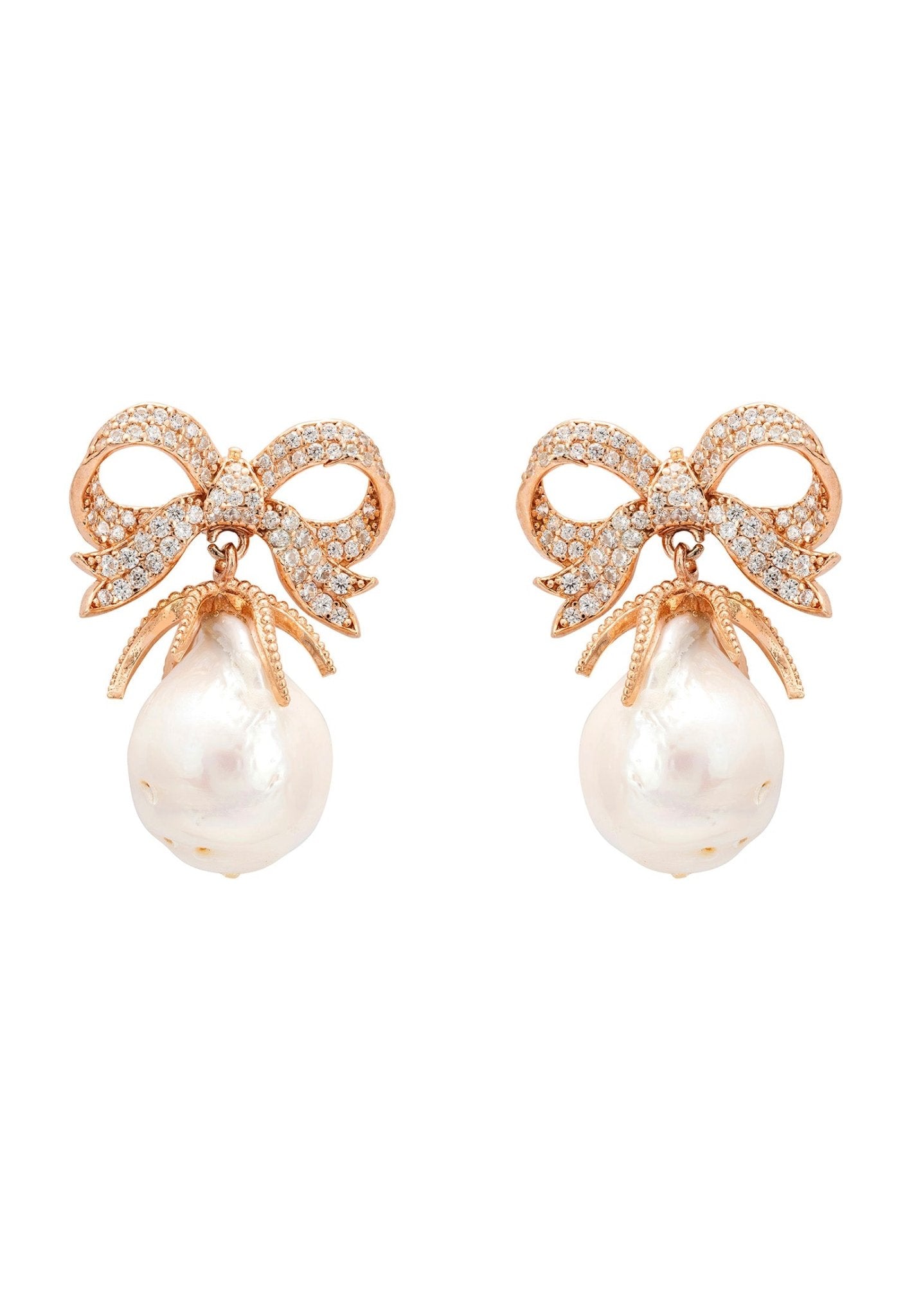 Baroque Pearl Ribbon and Bows Drop Earrings Rosegold