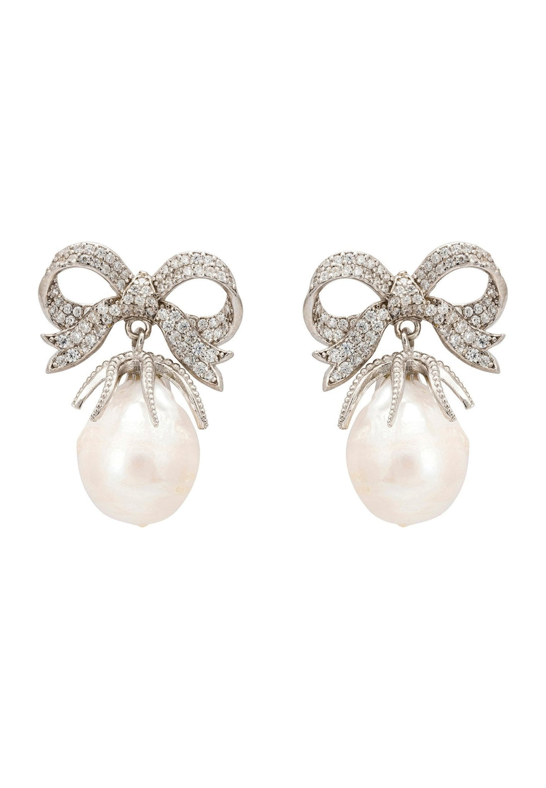 Baroque Pearl Ribbon and Bows Drop Earrings Silver