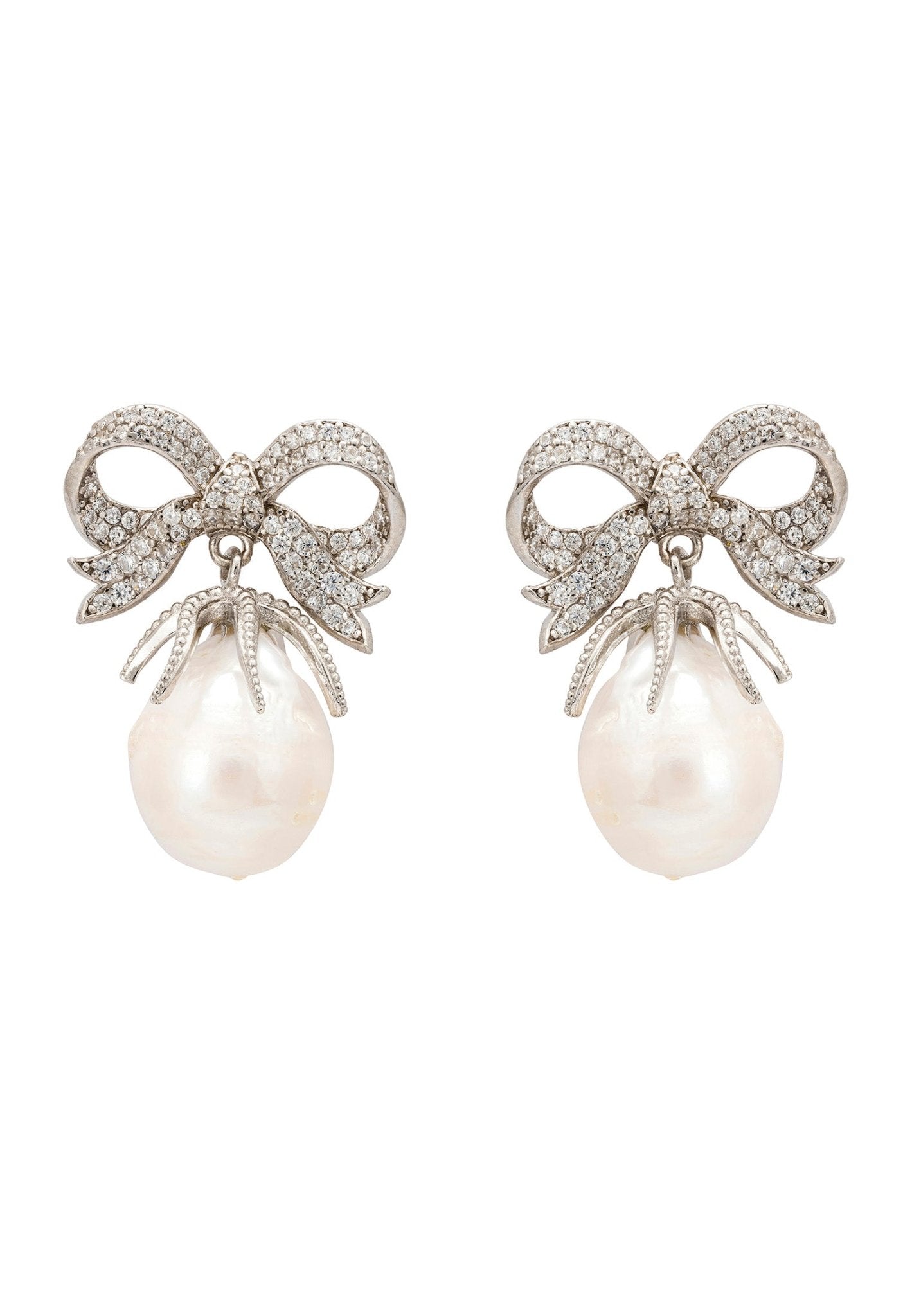 Baroque Pearl Ribbon and Bows Drop Earrings Silver