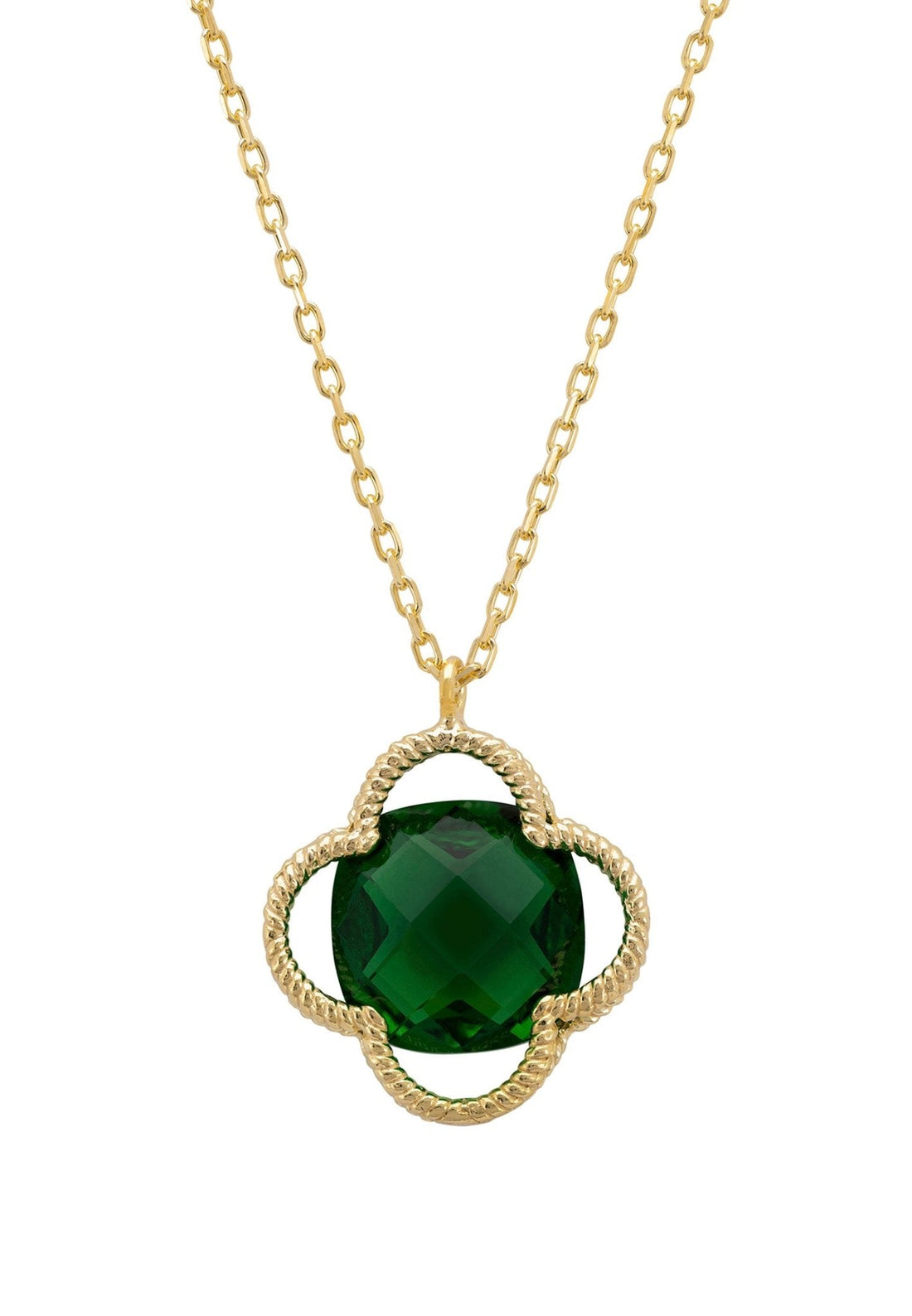 Open Clover Flower Gemstone Necklace Gold Emerald