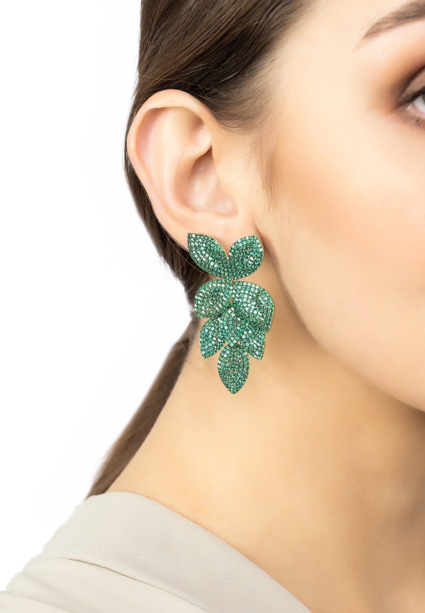 Petal Cascading Flower Earrings Gold Emerald Green