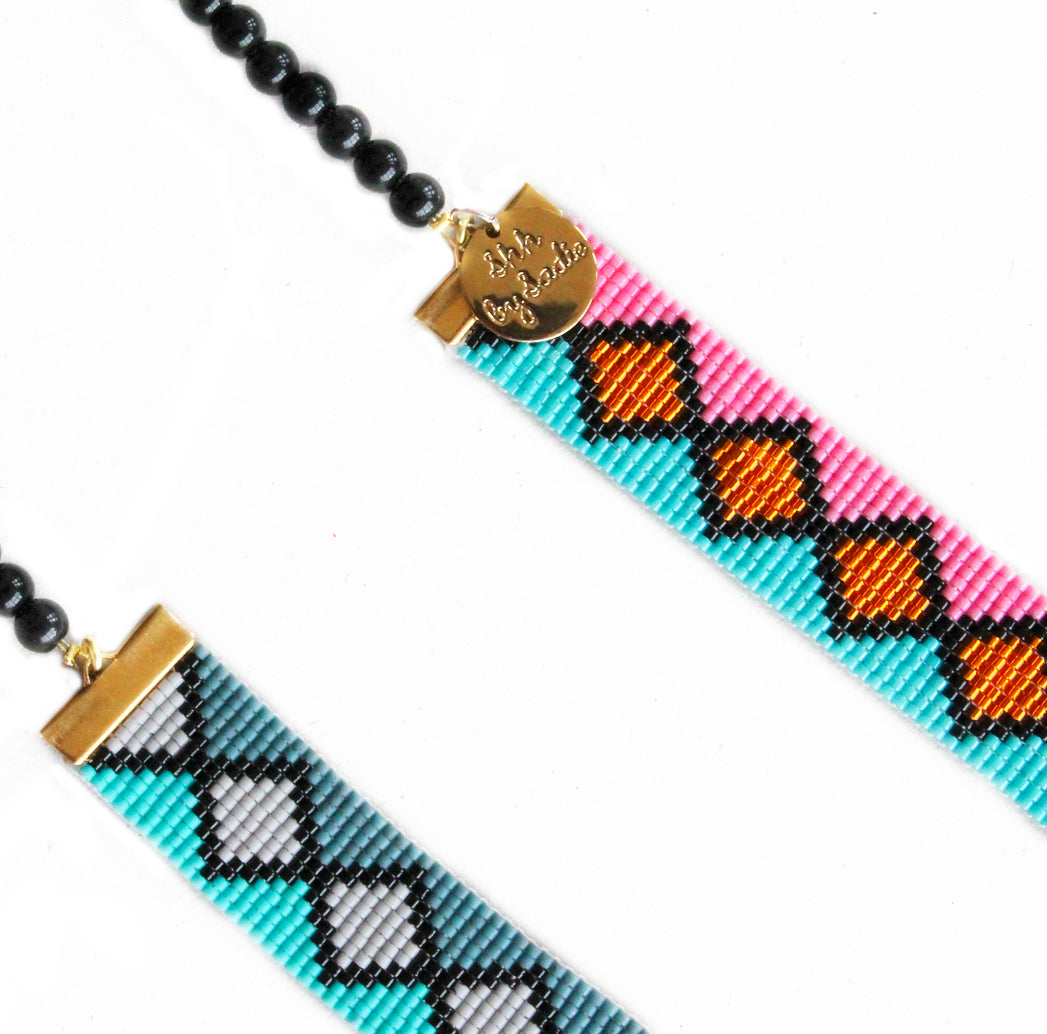 Miami Nights Long Woven Beaded Necklace  - Pink and Turquoise