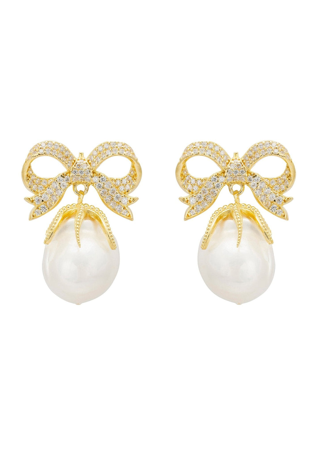 Baroque Pearl Ribbon and Bows Drop Earrings Gold