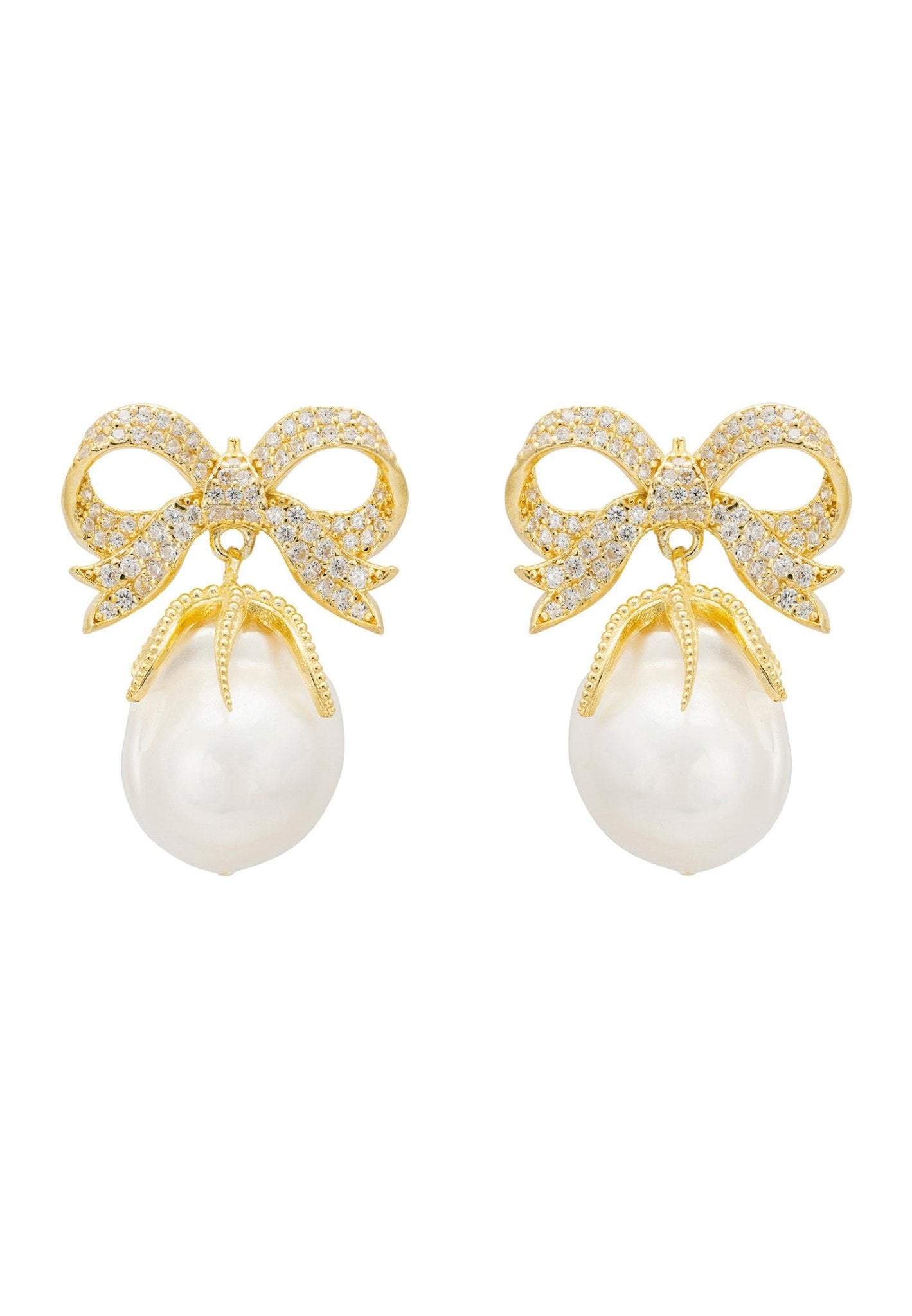 Baroque Pearl Ribbon and Bows Drop Earrings Gold