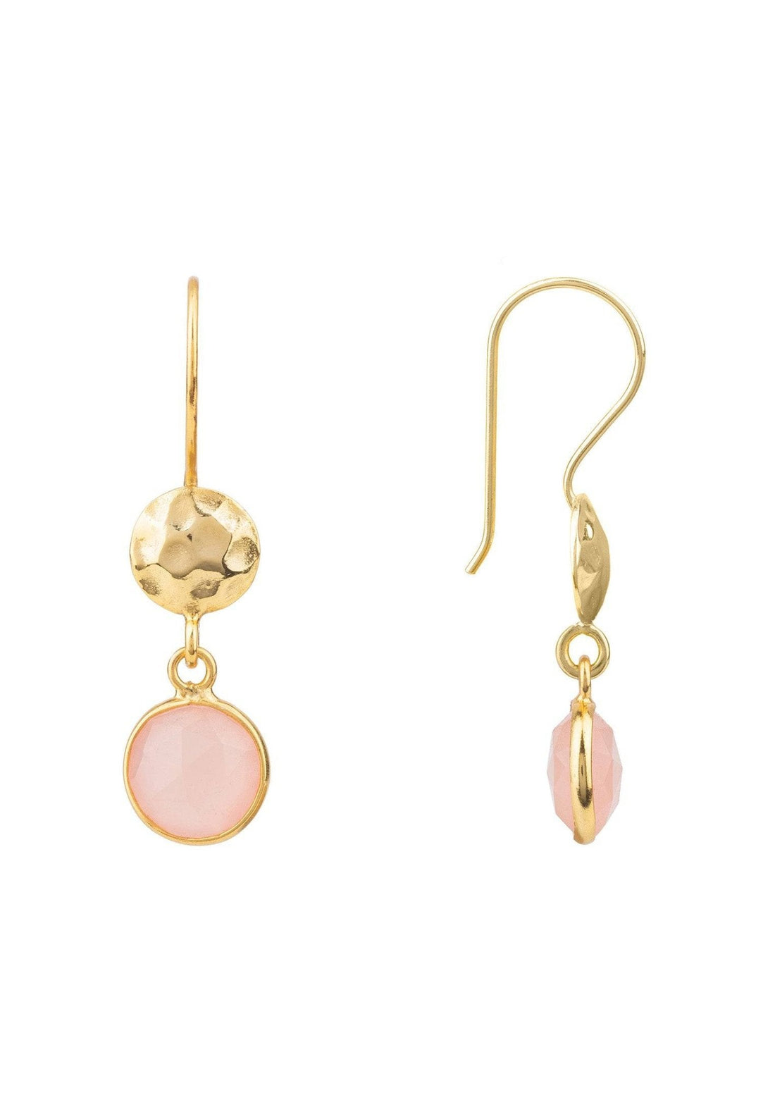 Circle & Hammer Drop Earrings Gold Rose Quartz