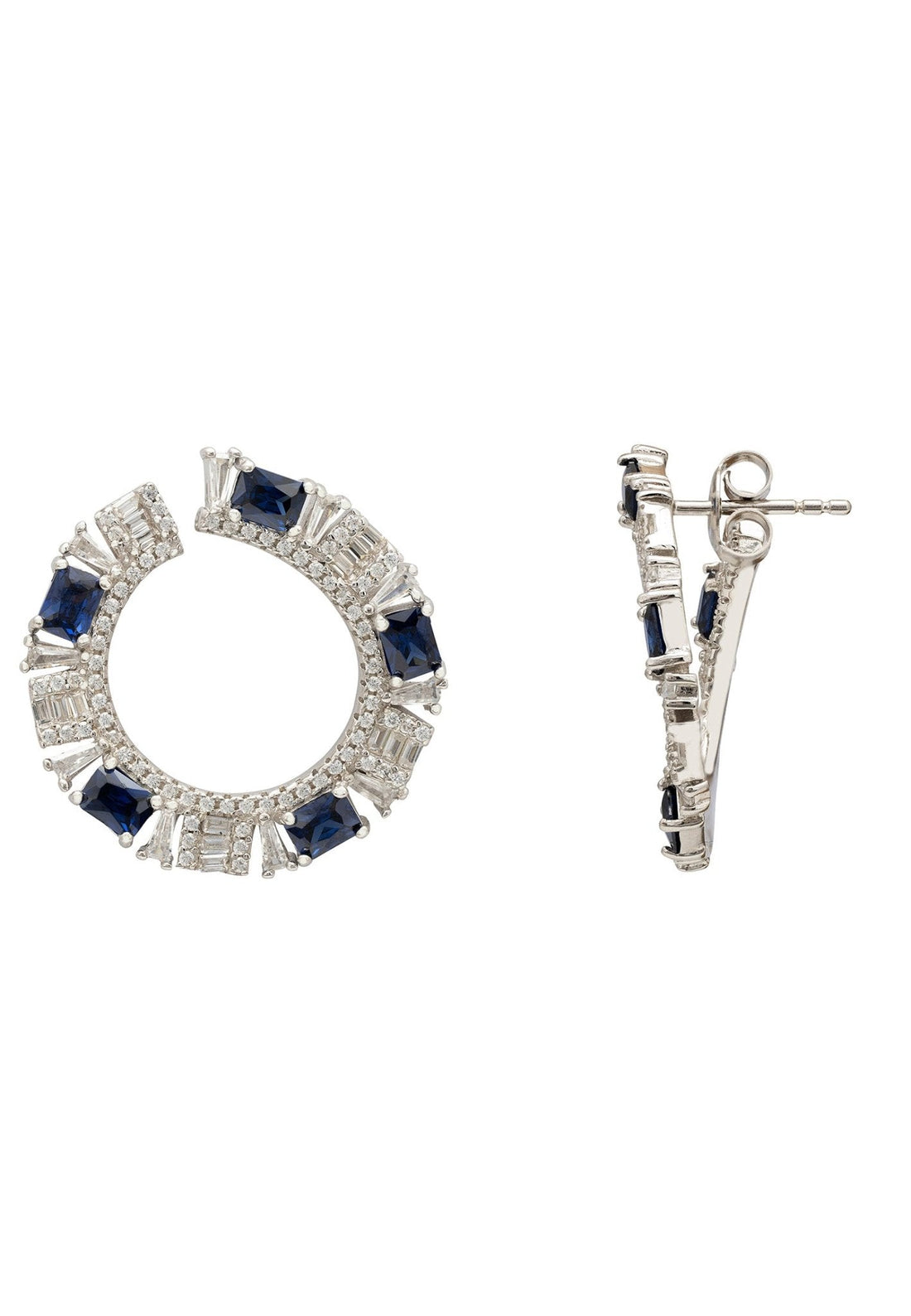 Freya Baguette Hoop Earrings Silver Sapphire