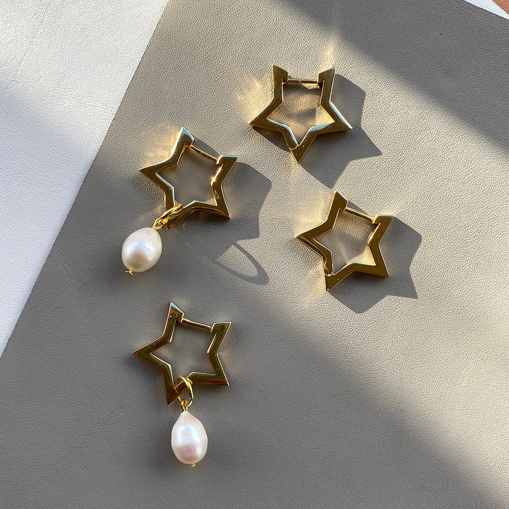 Star Hoop Pearl Earrings