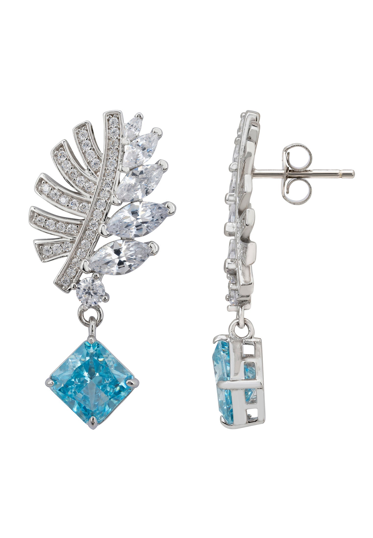 Palm Leaf Blue Topaz Drop Earrings Silver