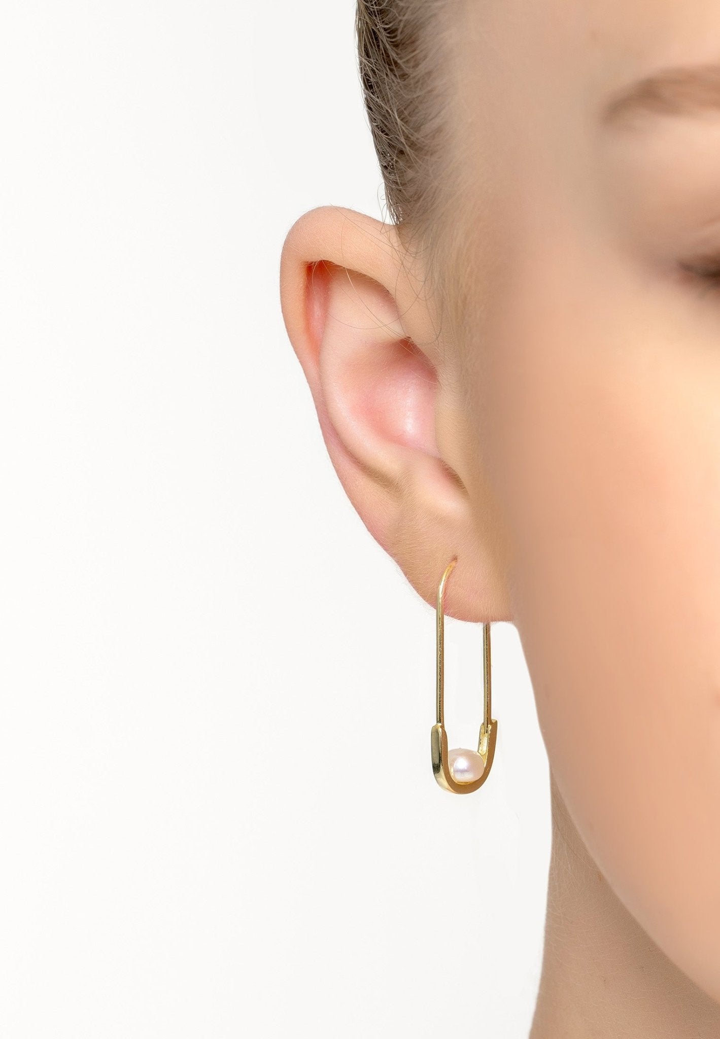 Safety Pin Pearl Earrings Gold