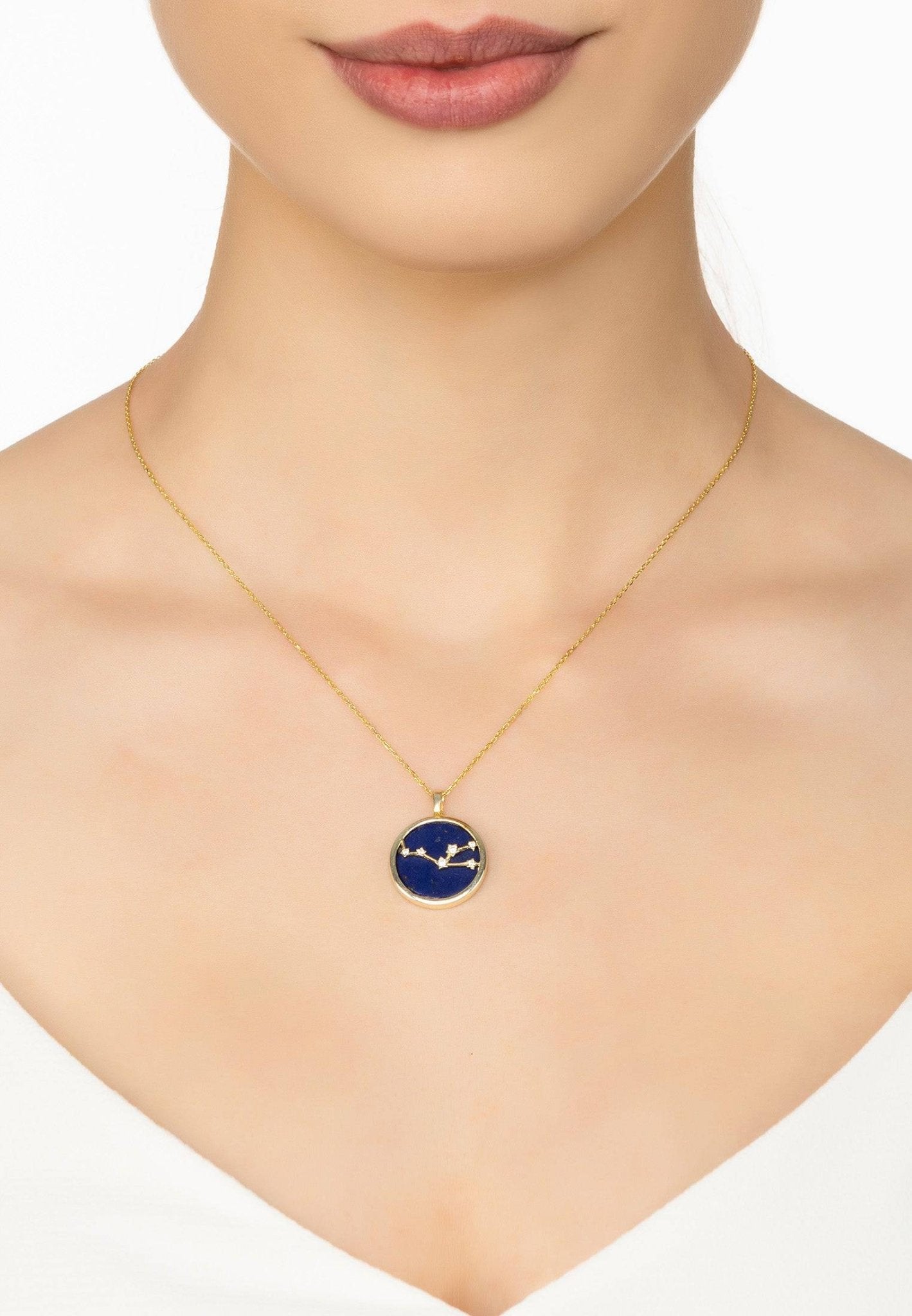 Zodiac Lapis Lazuli Gemstone Star Constellation Pendant Necklace Gold Taurus