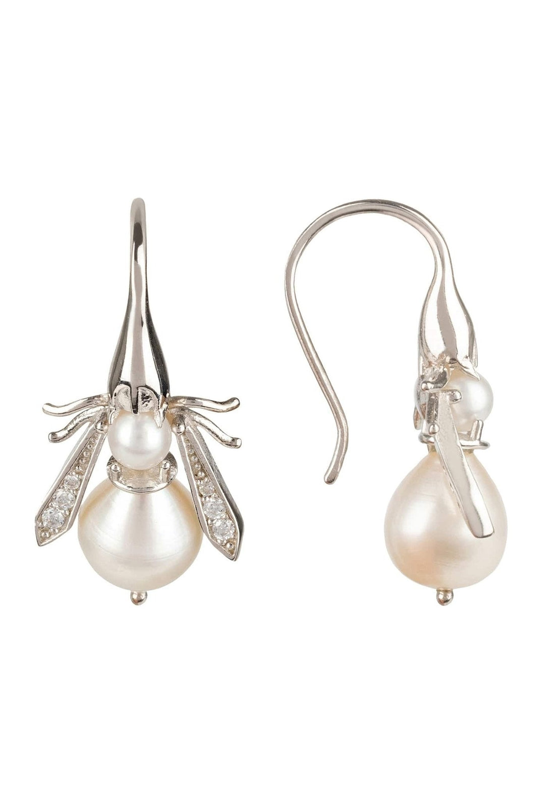 Pearl Honey Bee Earrings Silver