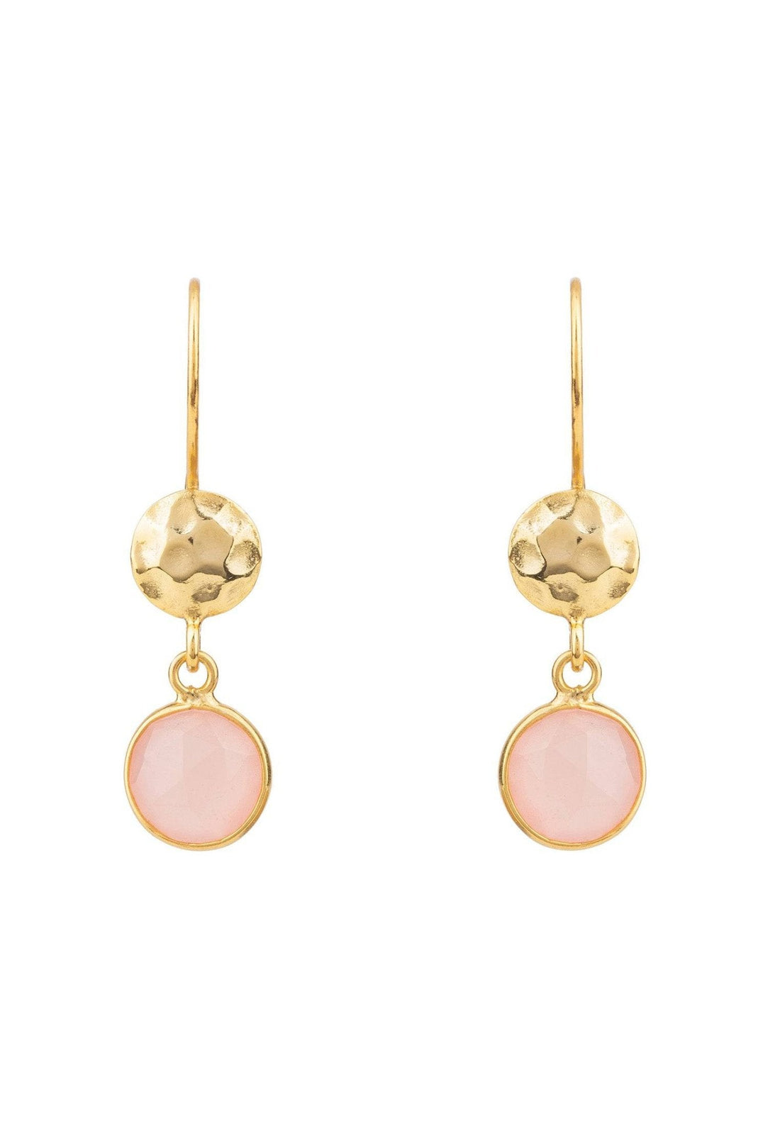 Circle & Hammer Drop Earrings Gold Rose Quartz