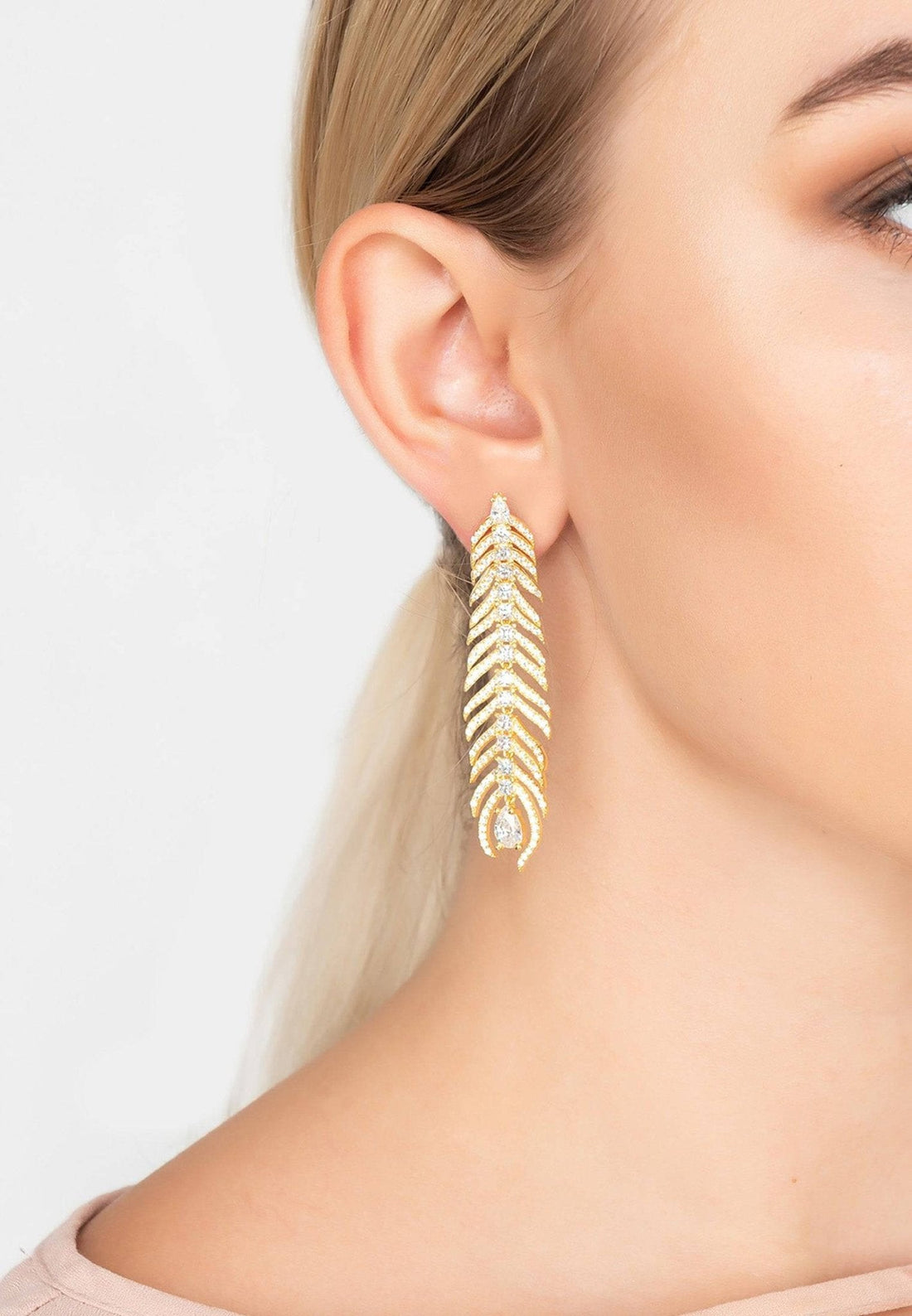 Peacock Feather Elongated Drop Earrings Silver