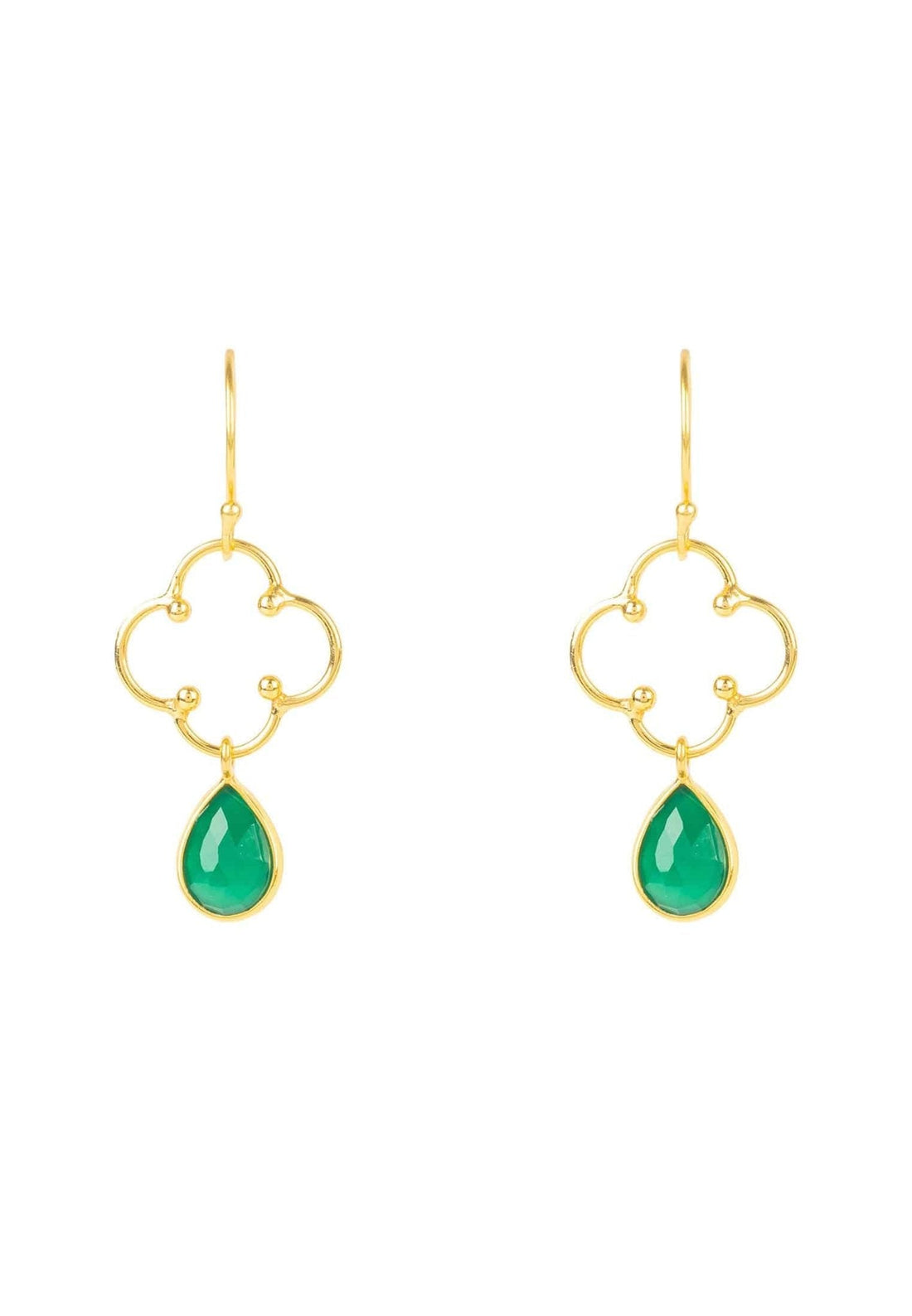 Open Clover Gemstone Drop Earrings Gold Green Onyx