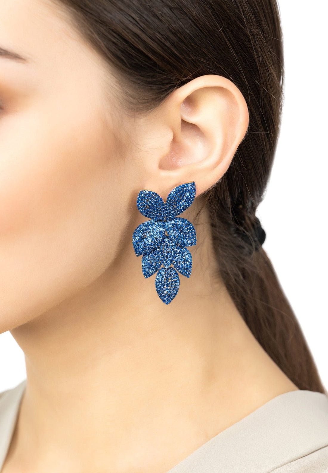 Petal Cascading Flower Earrings Gold Sapphire Cz