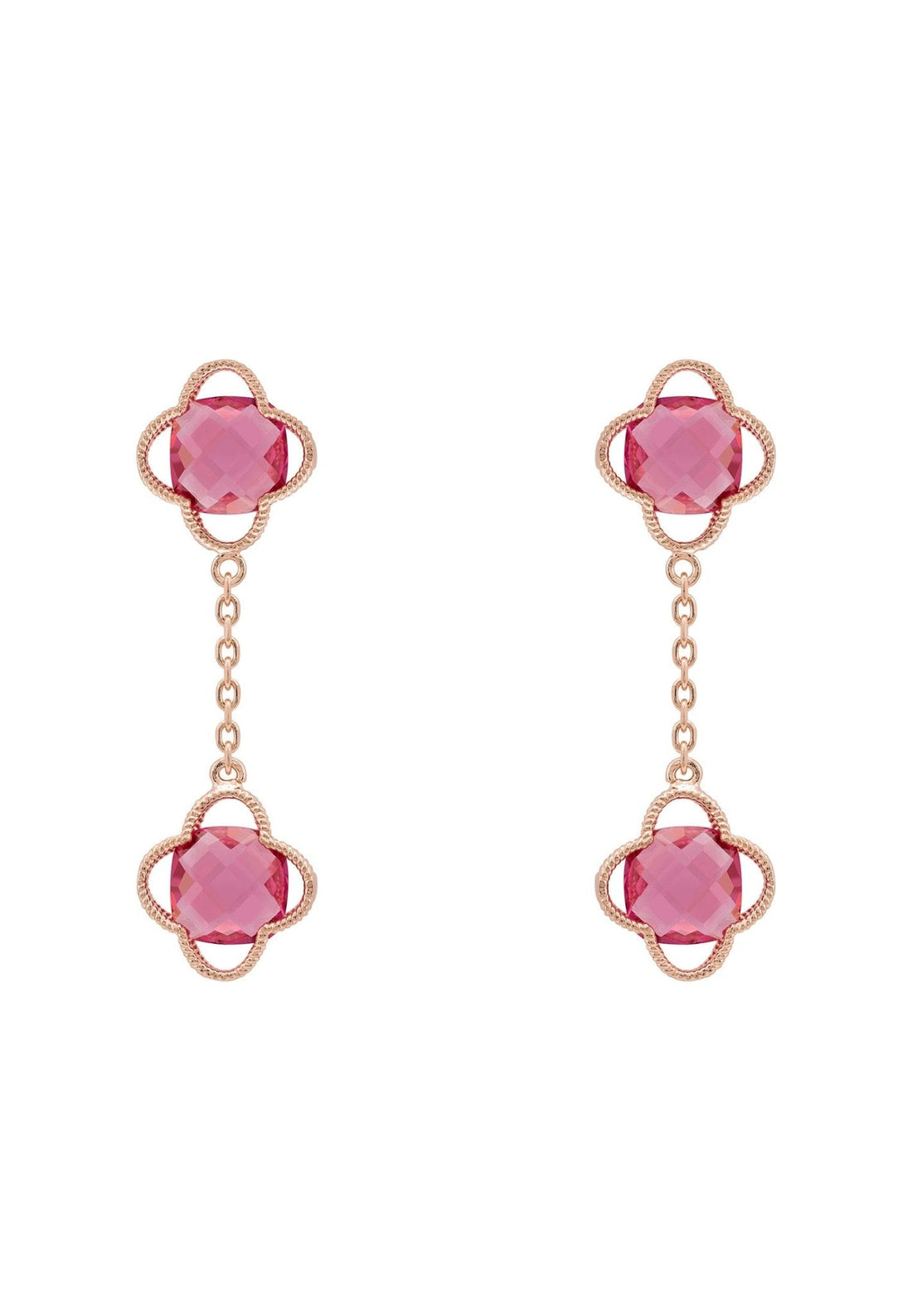 Open Clover Double Drop Earrings Rosegold Pink Tourmaline