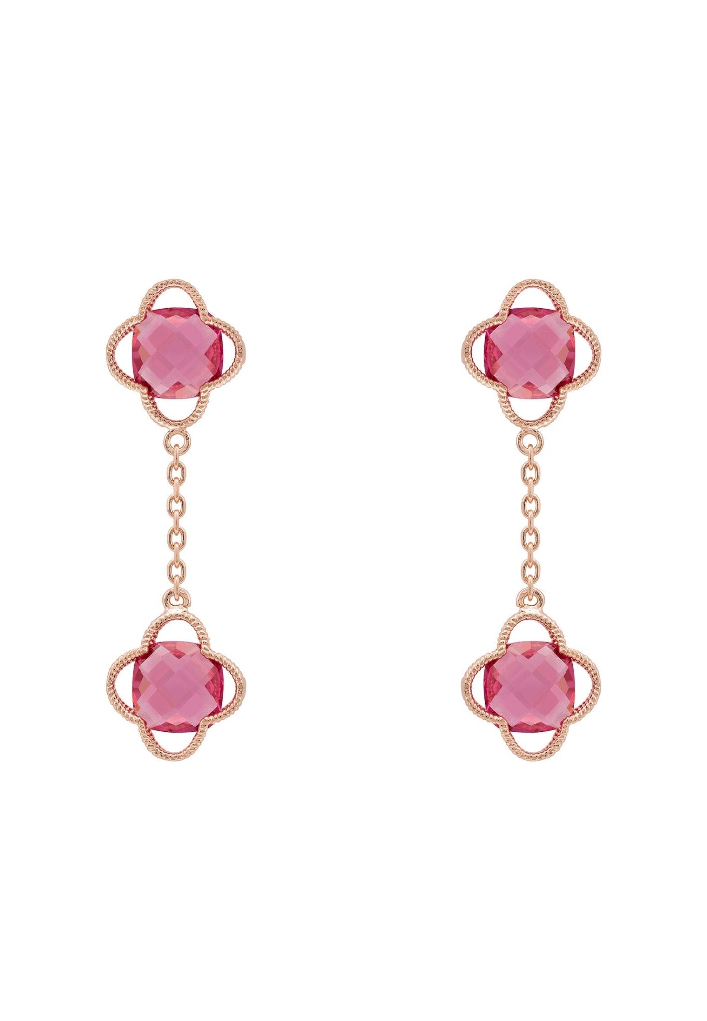 Open Clover Double Drop Earrings Rosegold Pink Tourmaline