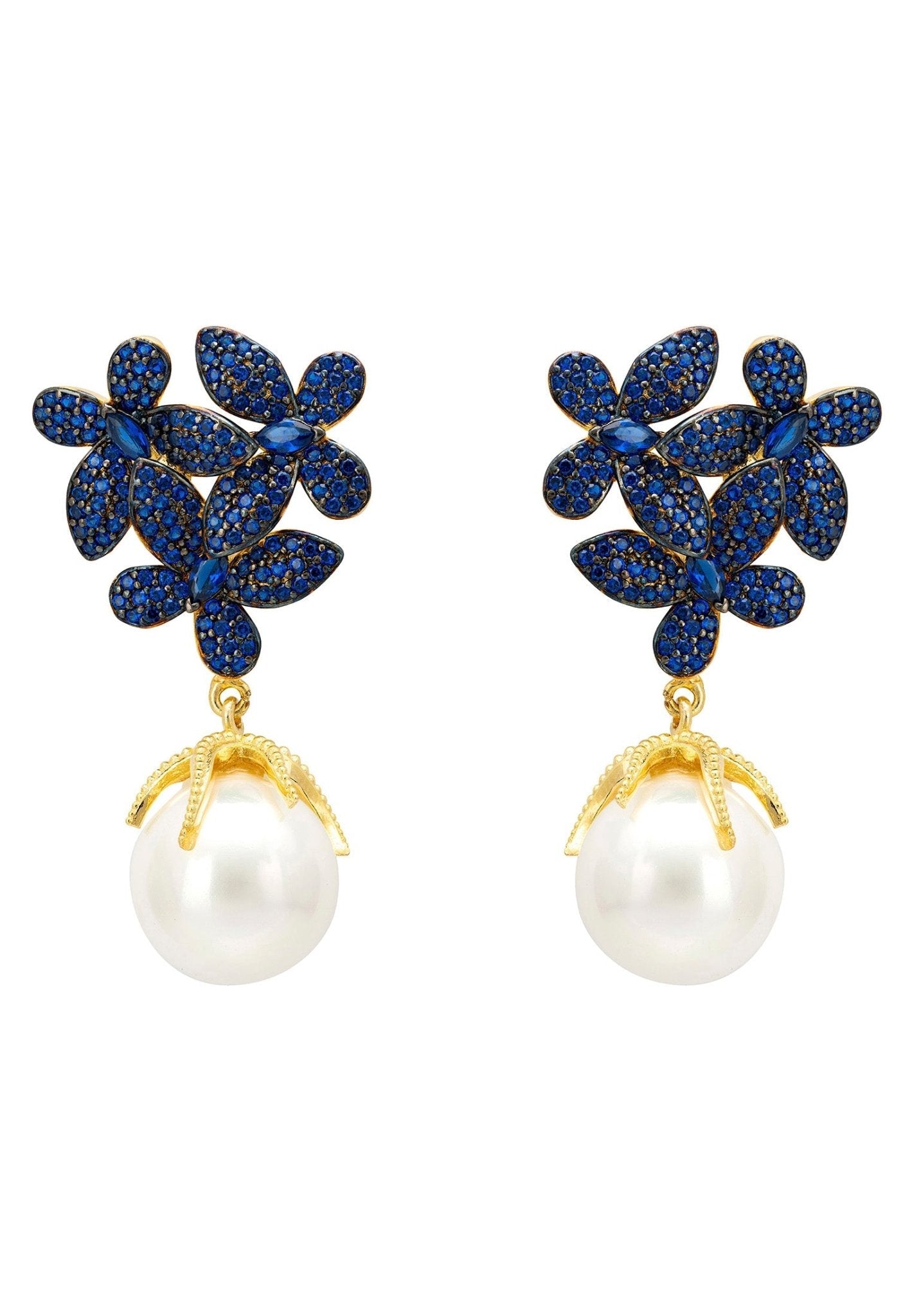 Flowers Baroque Pearl Earrings Sapphire Blue Gold