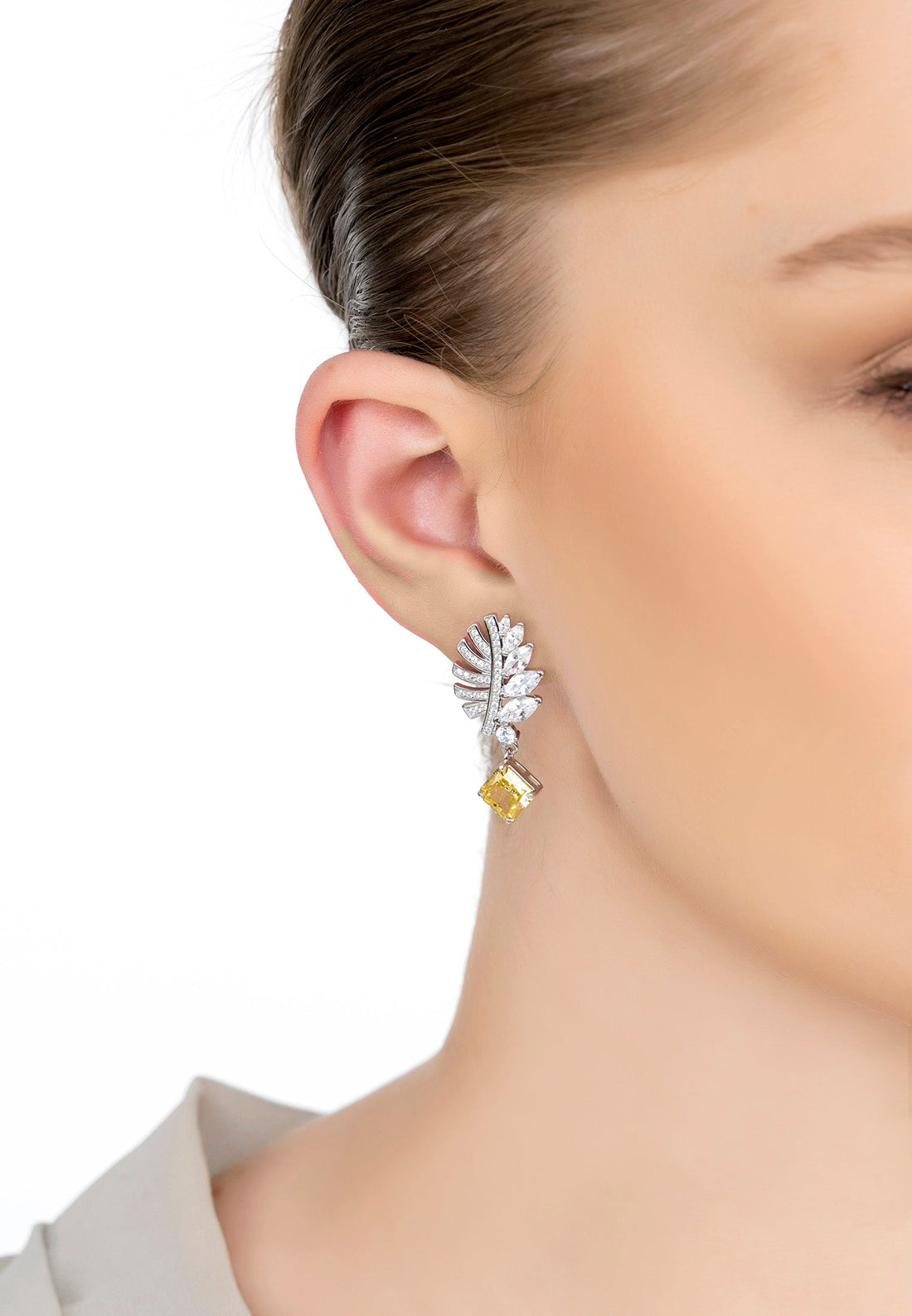 Palm Leaf Yellow Topaz Drop Earrings Silver