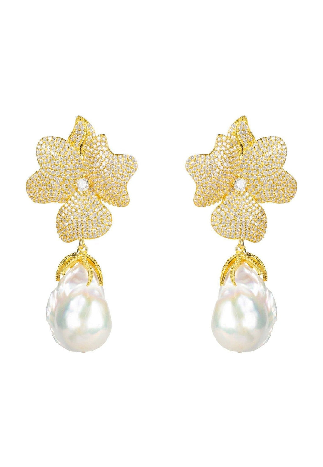 Baroque Pearl White Flower Earrings Yellow Gold