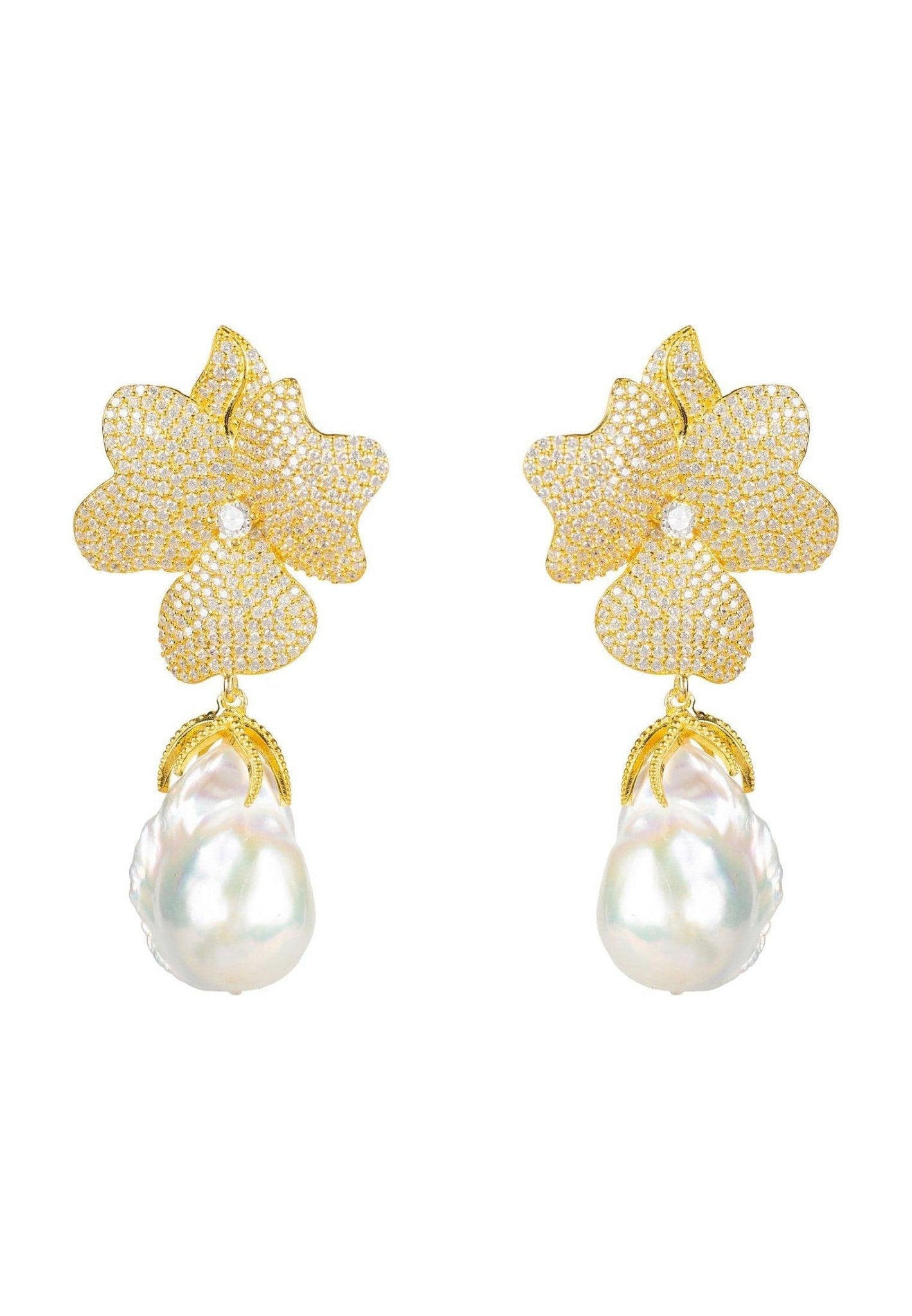 Baroque Pearl White Flower Earrings Yellow Gold