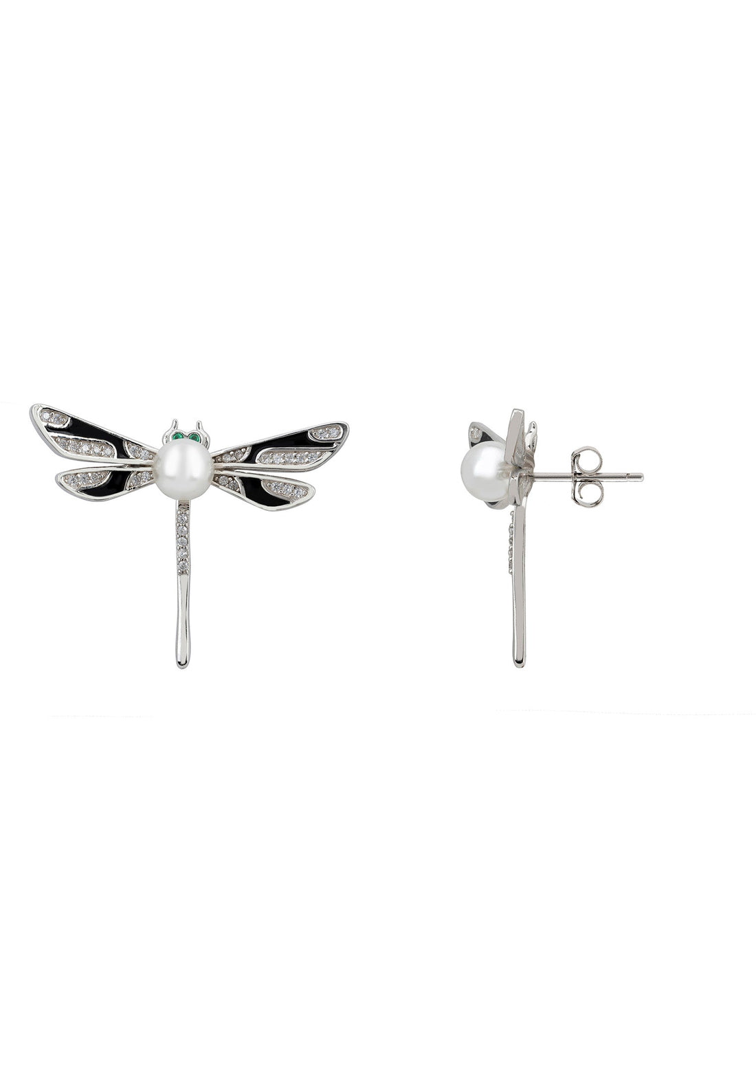 Dragonfly Pearl and Enamel Stud Earrings Silver