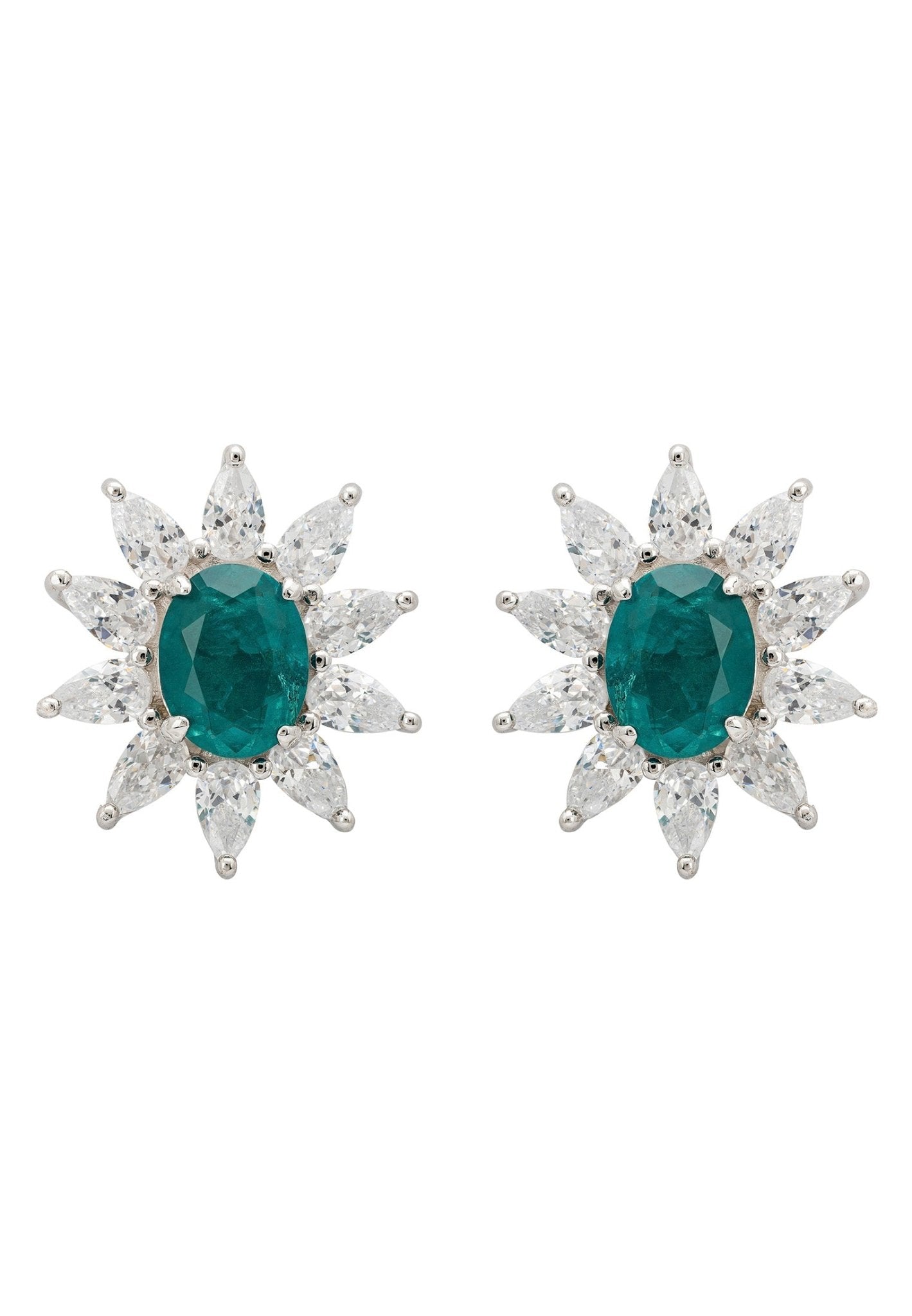 Daisy Gemstone Stud Earrings Emerald Silver